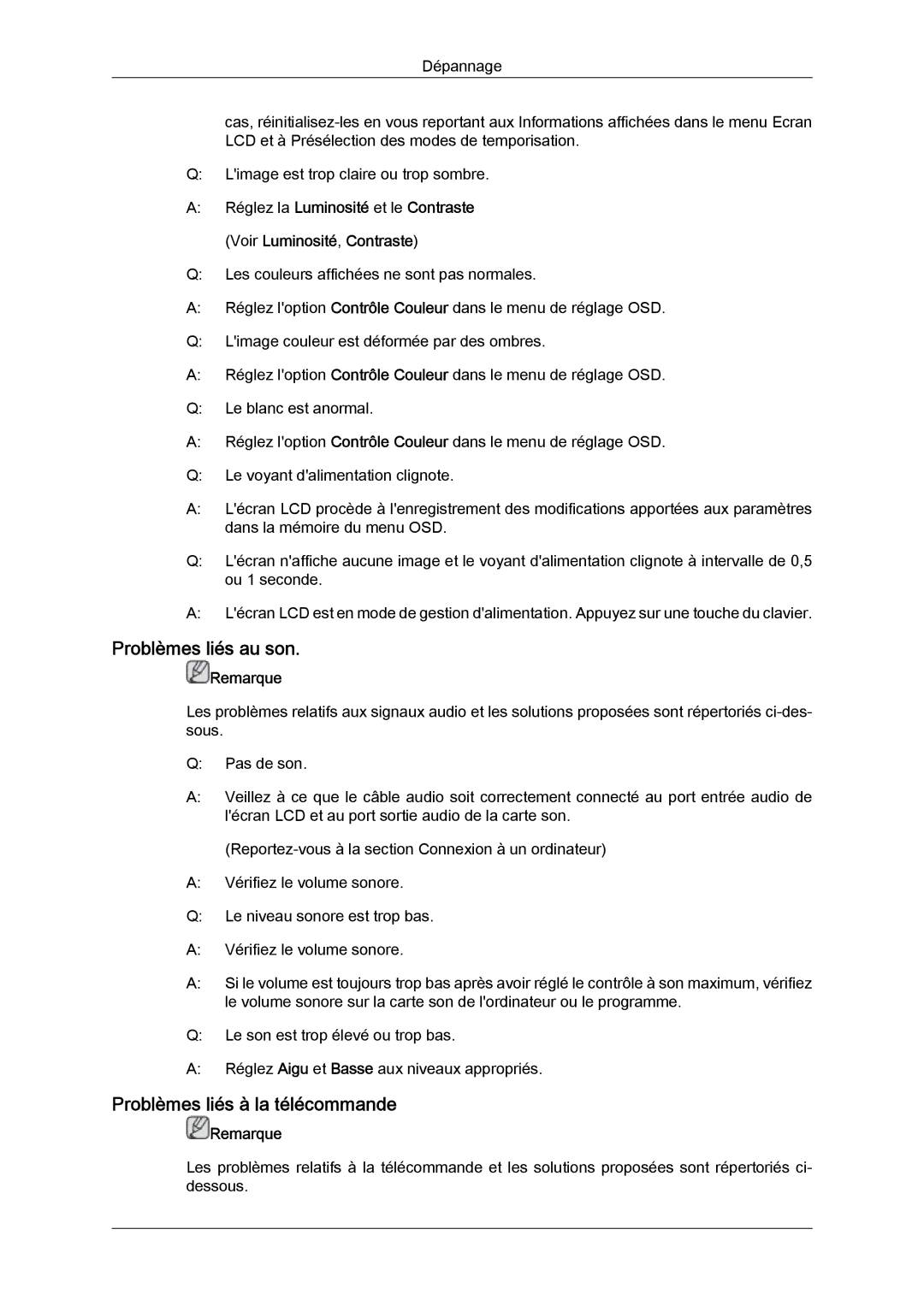 Samsung LH40CRPMBC/EN, LH46CRPMBD/EN, LH46CRPMBC/EN, LH40CRPMBD/EN Problèmes liés au son, Problèmes liés à la télécommande 