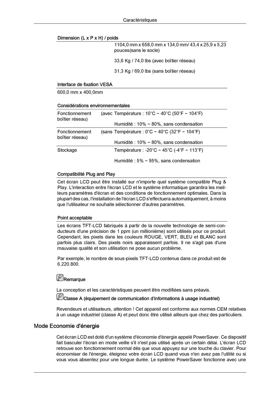 Samsung LH40CRPMBC/EN, LH46CRPMBD/EN Mode Economie dénergie, Interface de fixation Vesa, Considérations environnementales 