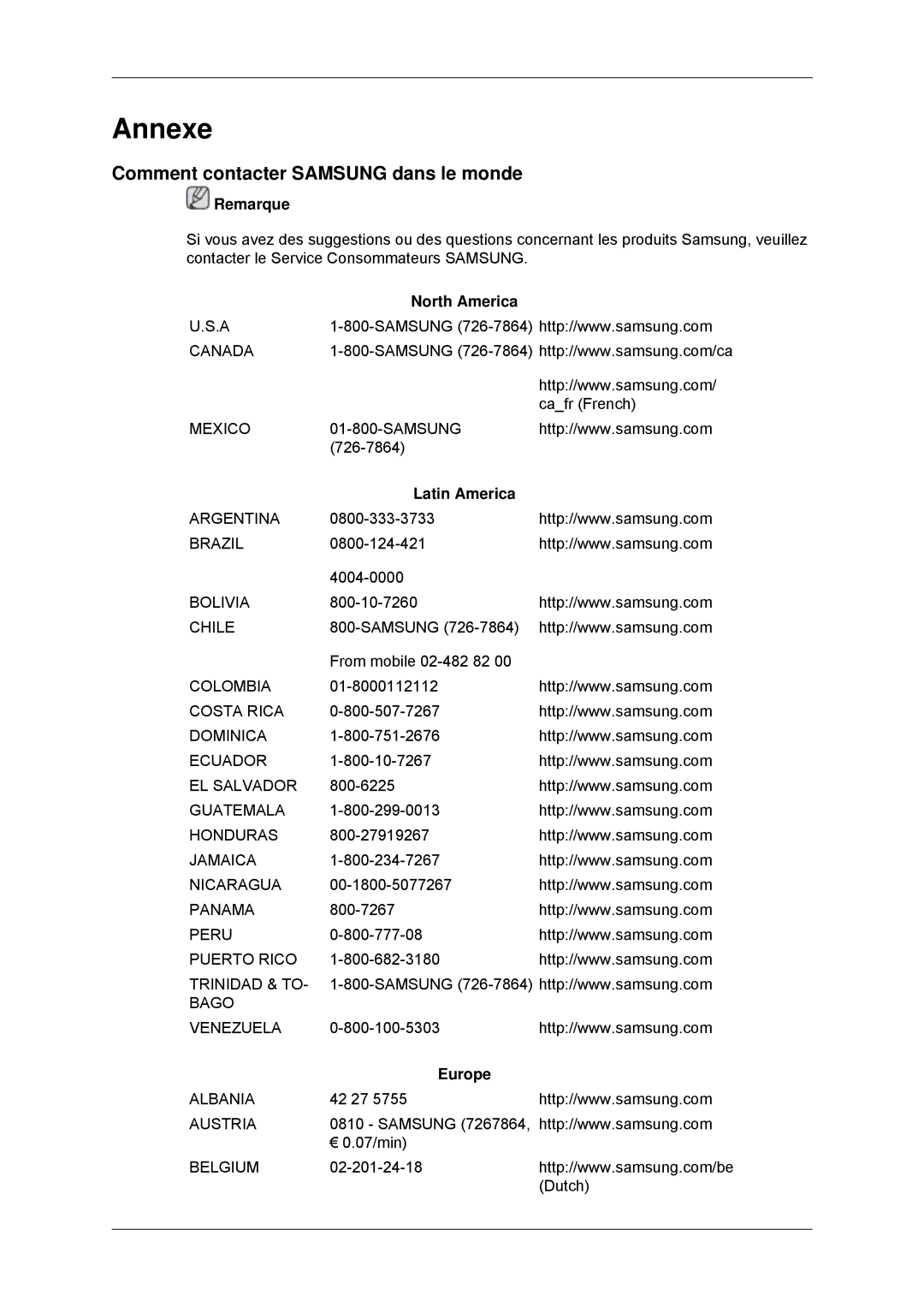 Samsung LH40CRPMBD/EN, LH46CRPMBD/EN manual Comment contacter Samsung dans le monde, North America, Latin America, Europe 