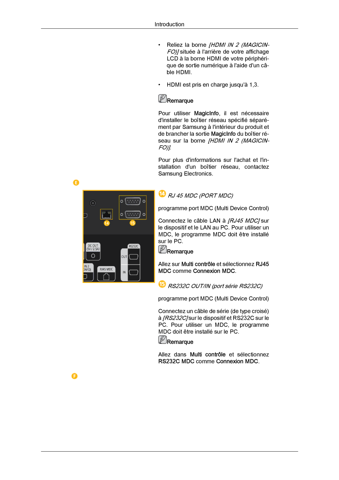 Samsung LH46CRPMBD/EN, LH46CRPMBC/EN, LH40CRPMBD/EN, LH40CRPMBC/EN manual RJ 45 MDC Port MDC, RS232C OUT/IN port série RS232C 