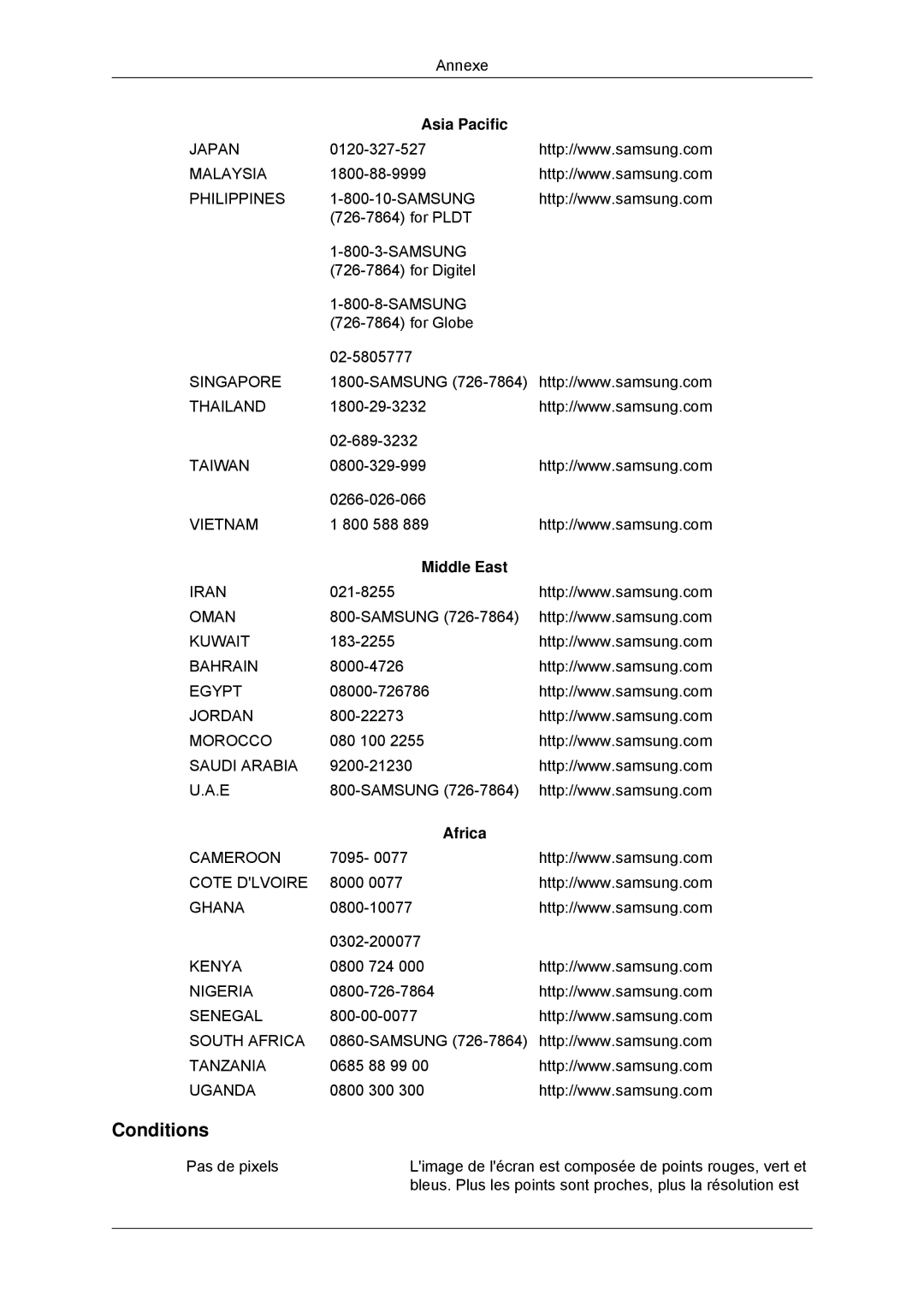 Samsung LH46CRPMBC/EN, LH46CRPMBD/EN, LH40CRPMBD/EN, LH40CRPMBC/EN manual Conditions, Middle East, Africa 