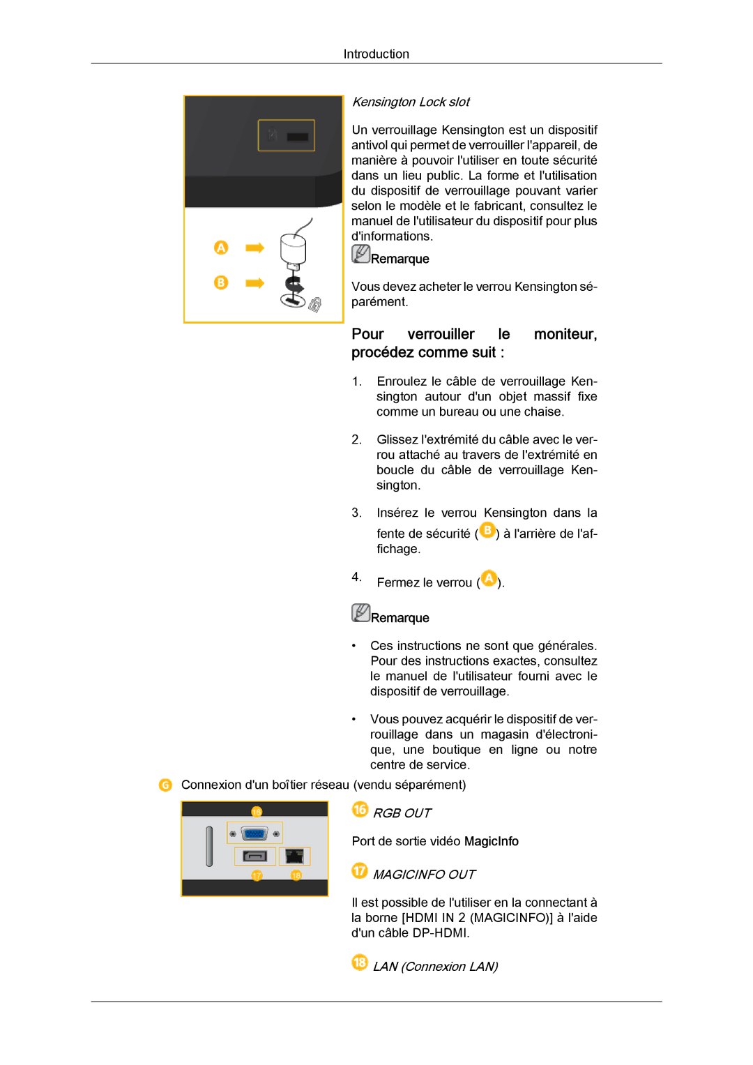 Samsung LH46CRPMBC/EN manual Pour verrouiller le moniteur, procédez comme suit, Kensington Lock slot, LAN Connexion LAN 