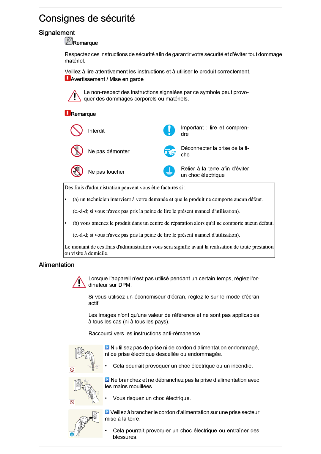 Samsung LH40CRPMBD/EN, LH46CRPMBD/EN, LH46CRPMBC/EN manual Signalement, Alimentation, Remarque, Avertissement / Mise en garde 