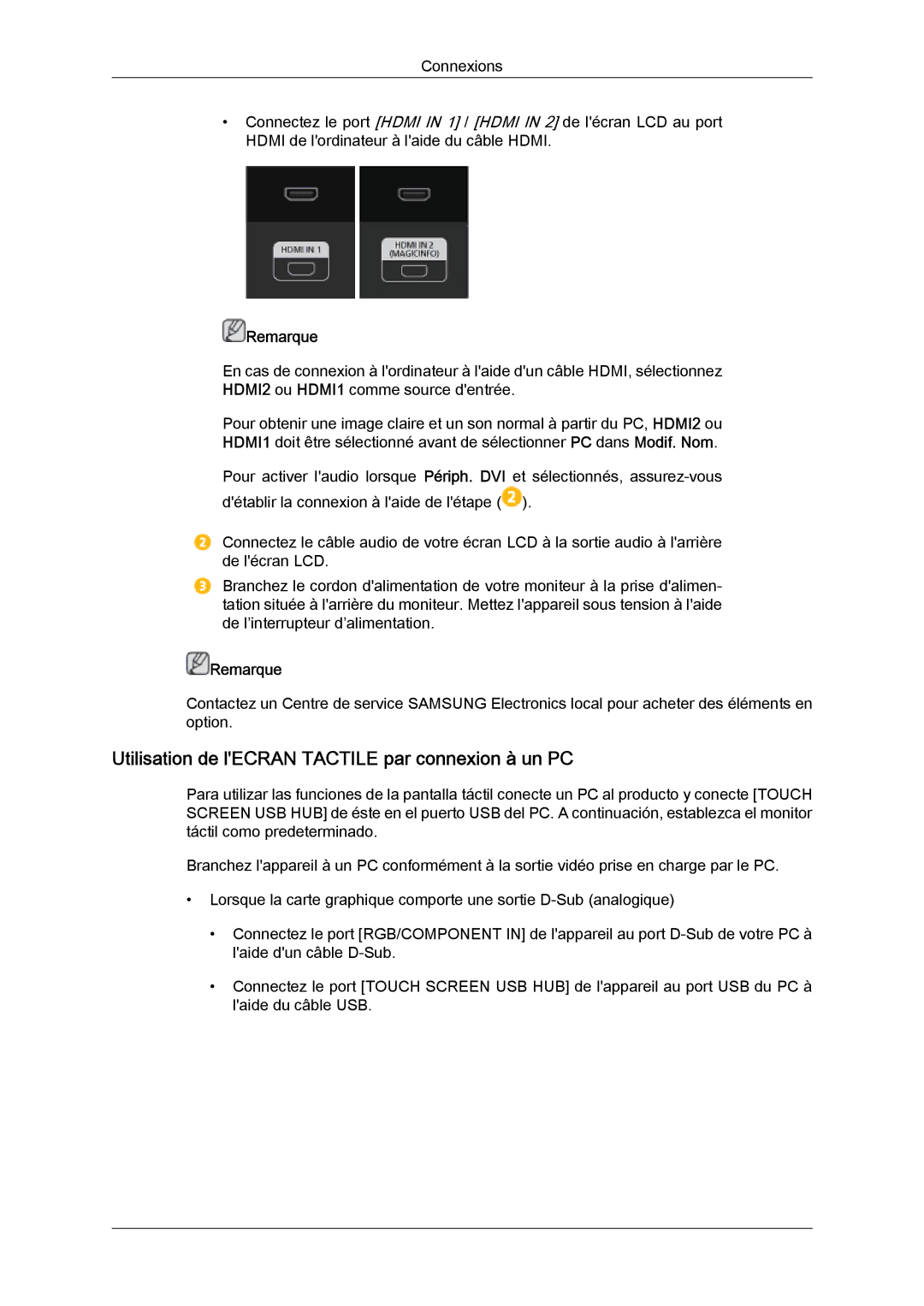 Samsung LH40CRPMBD/EN, LH46CRPMBD/EN, LH46CRPMBC/EN manual Utilisation de lECRAN Tactile par connexion à un PC, Remarque 