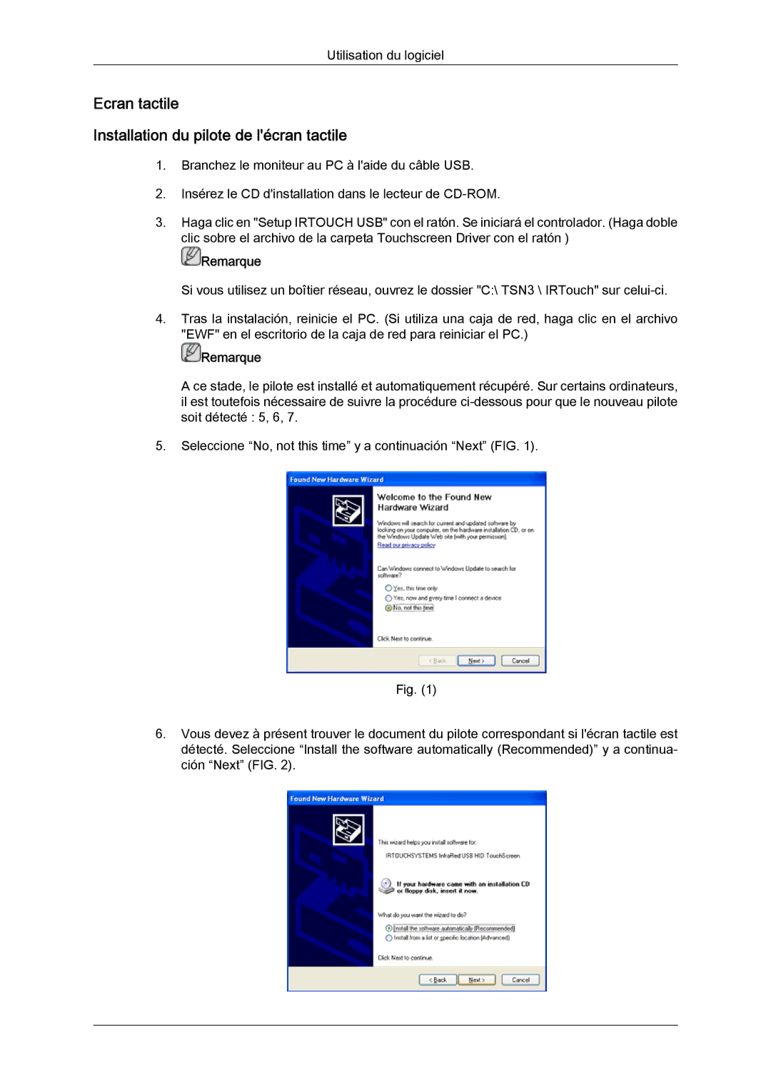 Samsung LH40CRPMBD/EN, LH46CRPMBD/EN, LH46CRPMBC/EN, LH40CRPMBC/EN Ecran tactile Installation du pilote de lécran tactile 