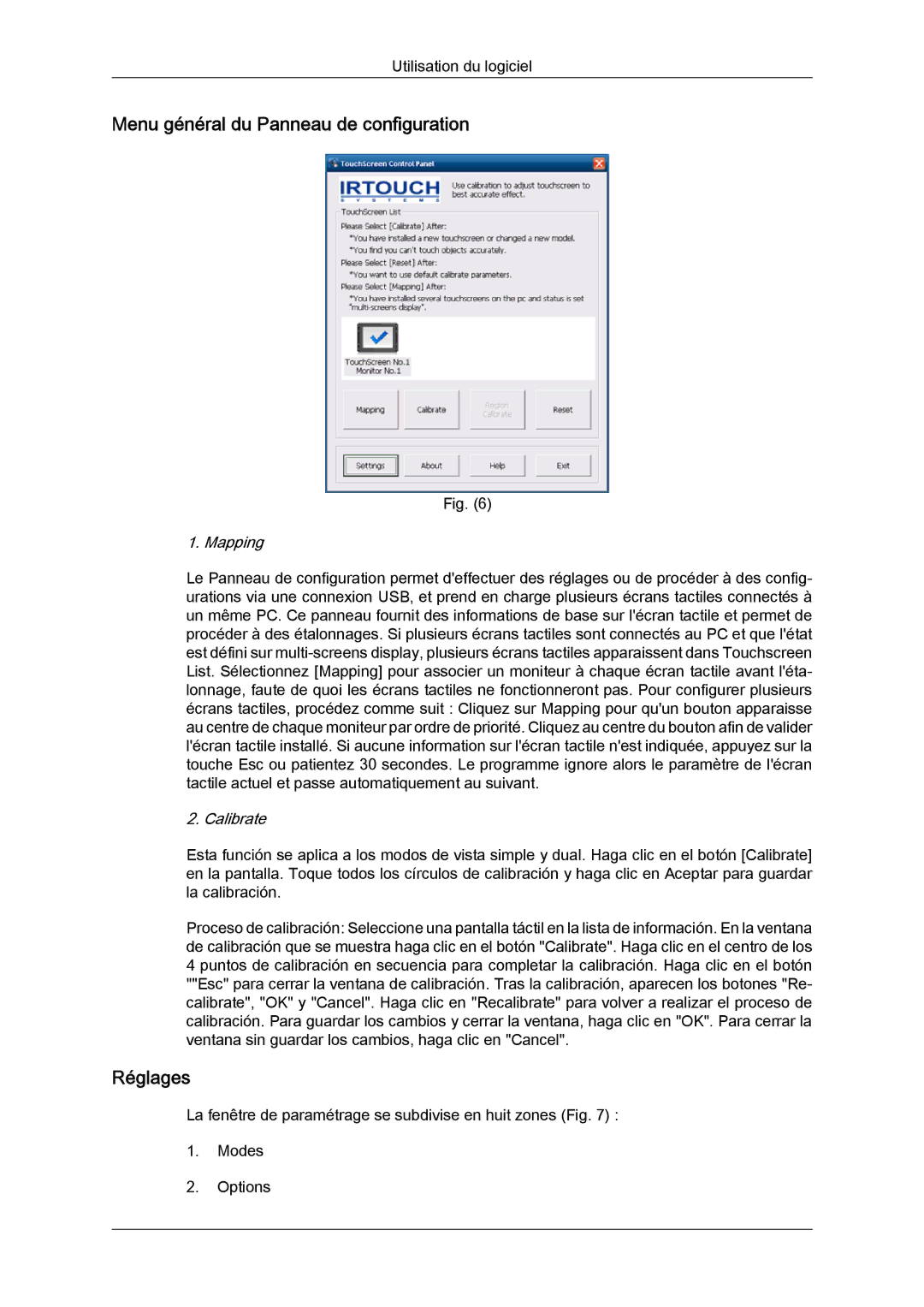 Samsung LH46CRPMBD/EN, LH46CRPMBC/EN, LH40CRPMBD/EN Menu général du Panneau de configuration, Réglages, Mapping, Calibrate 