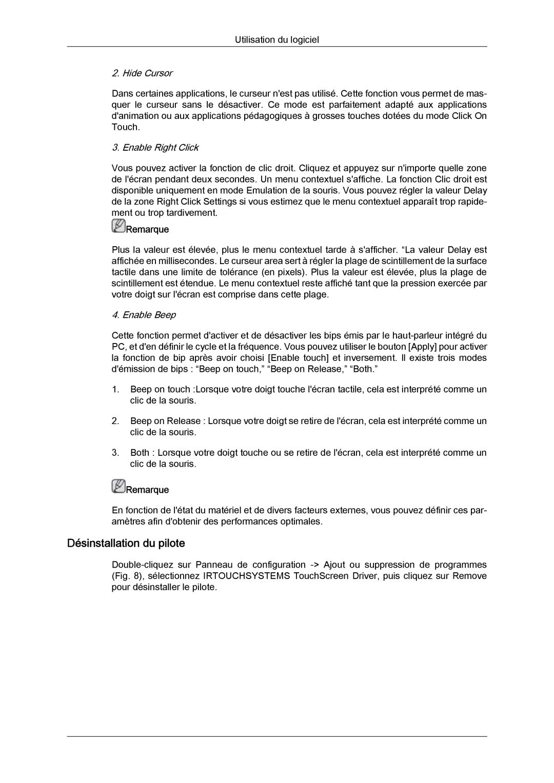 Samsung LH40CRPMBD/EN, LH46CRPMBD/EN, LH46CRPMBC/EN Désinstallation du pilote, Hide Cursor, Enable Right Click, Enable Beep 