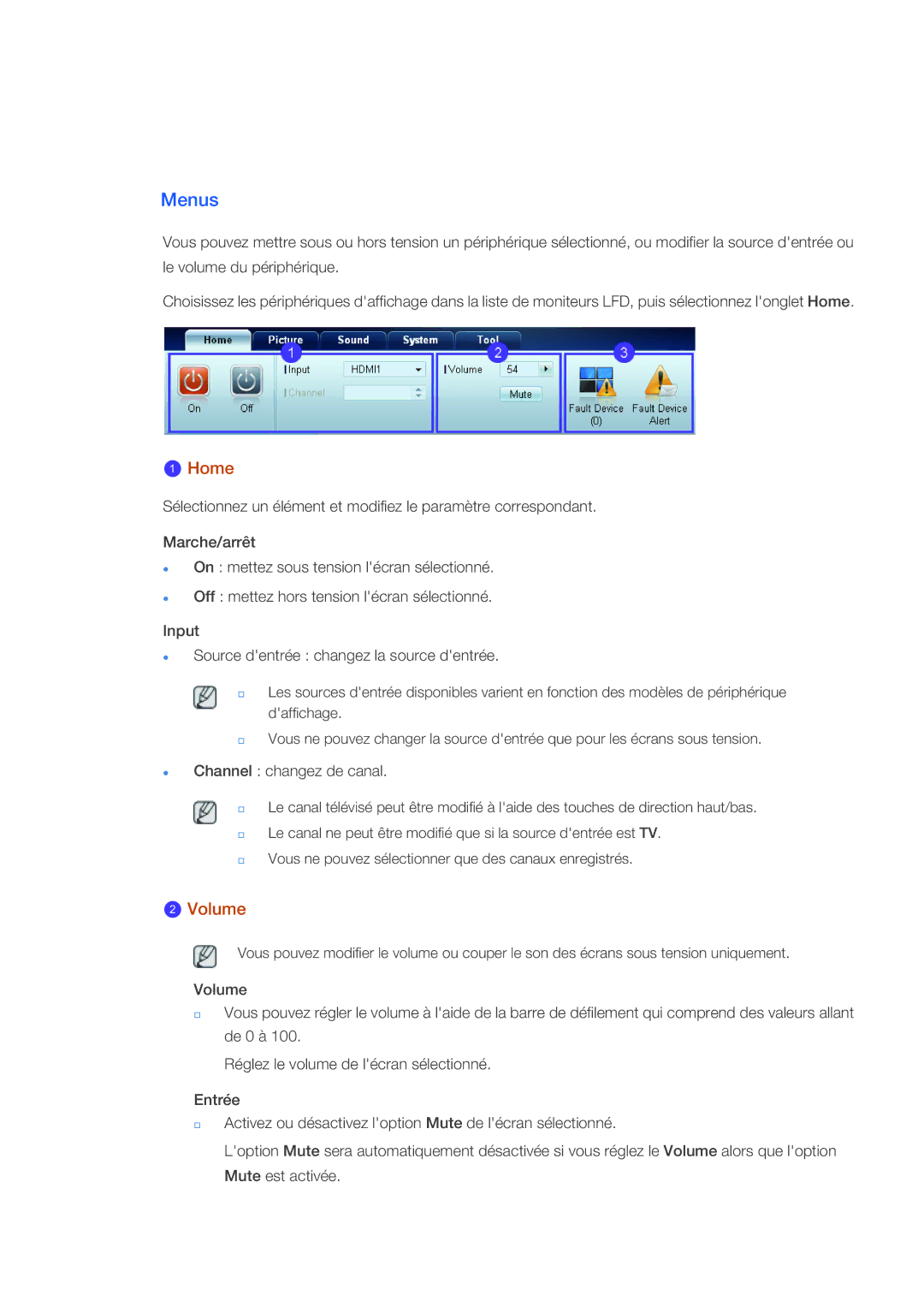 Samsung LH40CRPMBD/EN, LH46CRPMBD/EN, LH46CRPMBC/EN, LH40CRPMBC/EN manual Menus, Home, Volume 