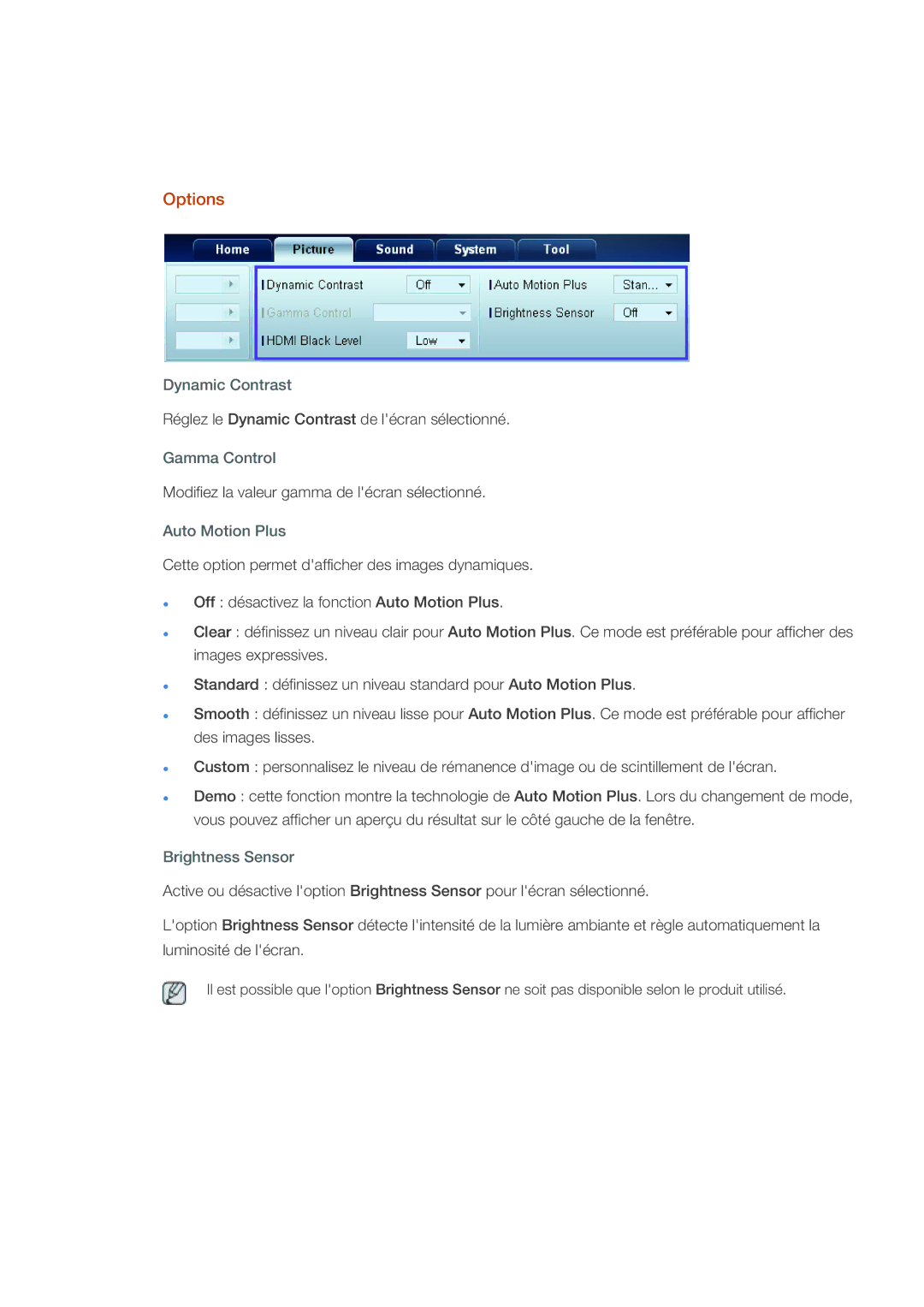 Samsung LH40CRPMBD/EN, LH46CRPMBD/EN manual Options, Dynamic Contrast, Gamma Control, Auto Motion Plus, Brightness Sensor 
