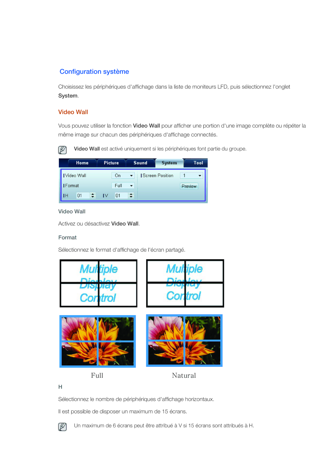 Samsung LH46CRPMBC/EN, LH46CRPMBD/EN, LH40CRPMBD/EN, LH40CRPMBC/EN manual Configuration système, Video Wall, Format 