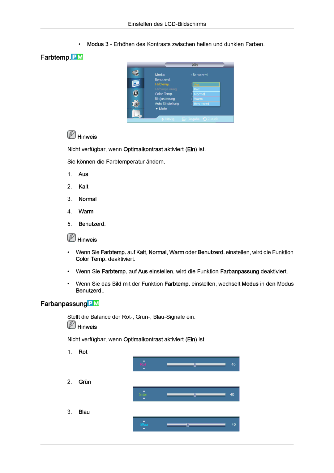 Samsung LH40CRPMBD/EN, LH46CRPMBD/EN manual Farbtemp, Farbanpassung, Aus Kalt Normal Warm Benutzerd Hinweis, Rot Grün Blau 