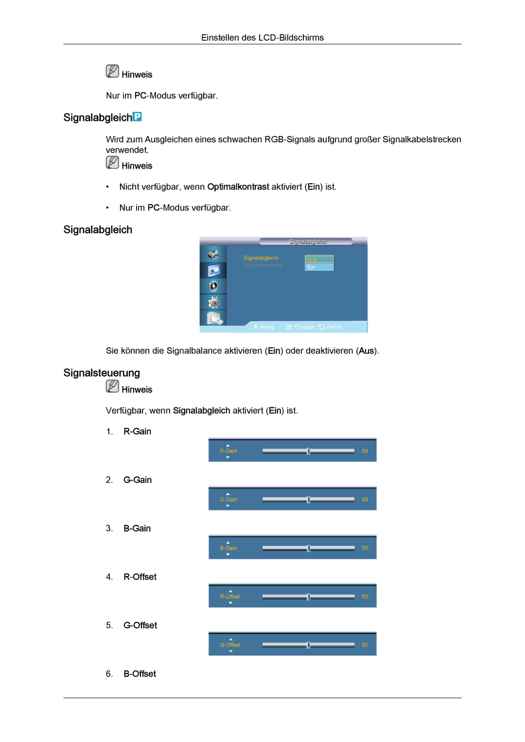 Samsung LH46CRPMBD/EN, LH46CRPMBC/EN, LH40CRPMBD/EN, LH40CRPMBC/EN manual Signalabgleich, Signalsteuerung, Gain Offset 