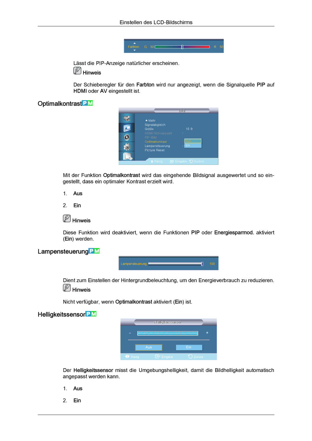 Samsung LH40CRPMBD/EN, LH46CRPMBD/EN, LH46CRPMBC/EN Optimalkontrast, Lampensteuerung, Helligkeitssensor, Aus Ein Hinweis 