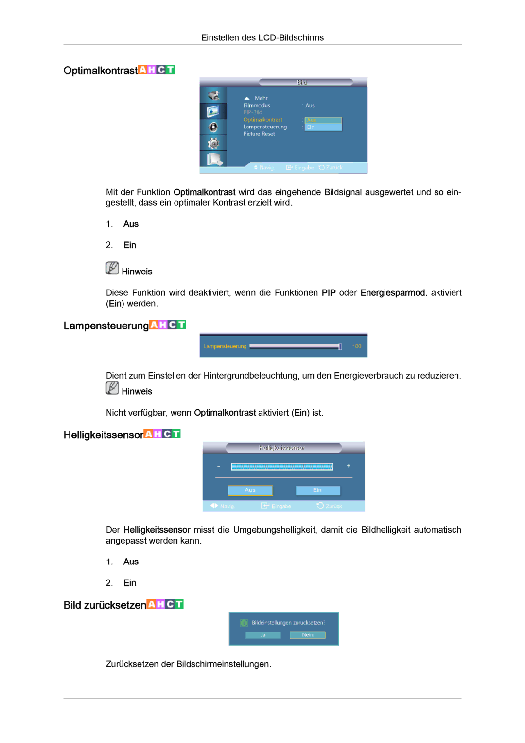 Samsung LH46CRPMBD/EN, LH46CRPMBC/EN, LH40CRPMBD/EN, LH40CRPMBC/EN manual Optimalkontrast 