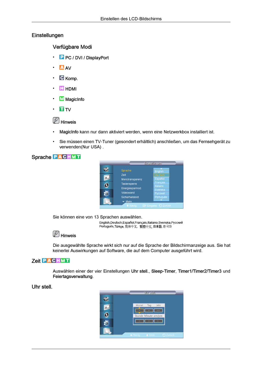 Samsung LH46CRPMBD/EN, LH46CRPMBC/EN, LH40CRPMBD/EN, LH40CRPMBC/EN Einstellungen Verfügbare Modi, Sprache, Zeit, Uhr stell 