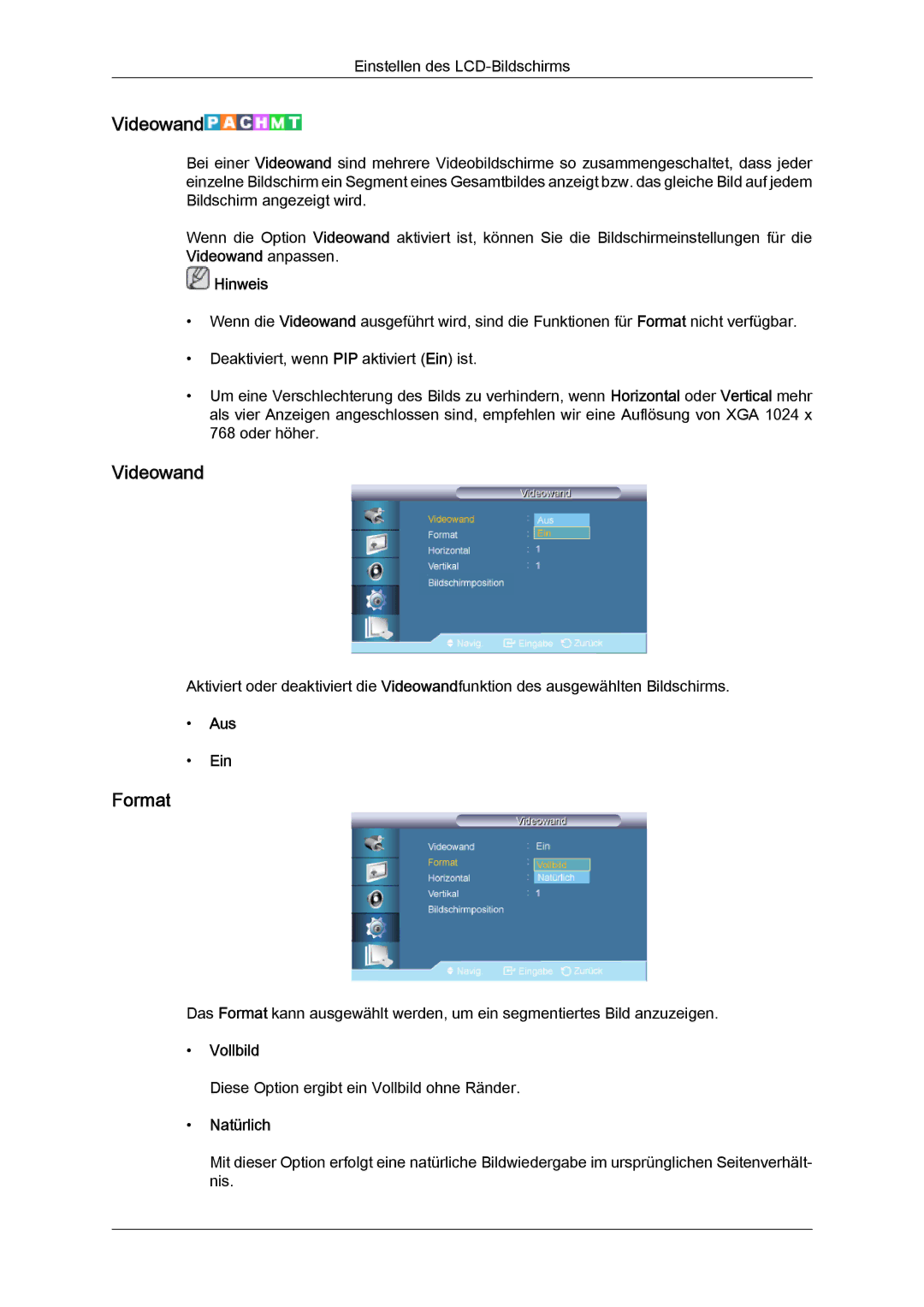 Samsung LH46CRPMBD/EN, LH46CRPMBC/EN, LH40CRPMBD/EN, LH40CRPMBC/EN manual Videowand, Vollbild 