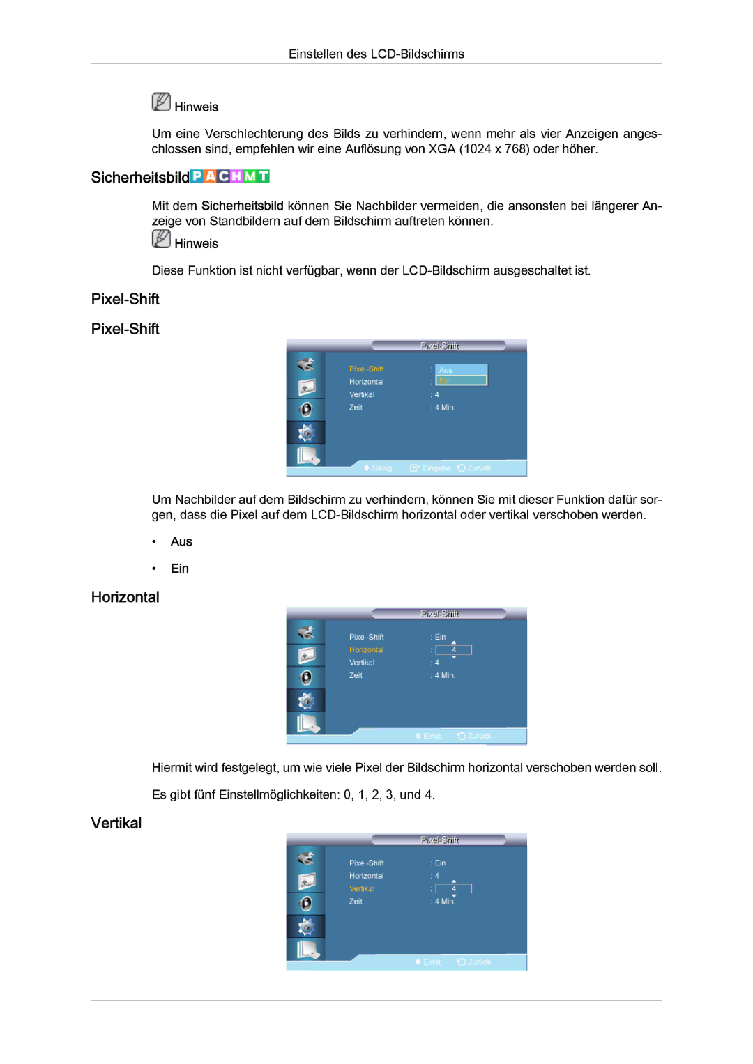 Samsung LH40CRPMBD/EN, LH46CRPMBD/EN, LH46CRPMBC/EN, LH40CRPMBC/EN manual Sicherheitsbild, Pixel-Shift 