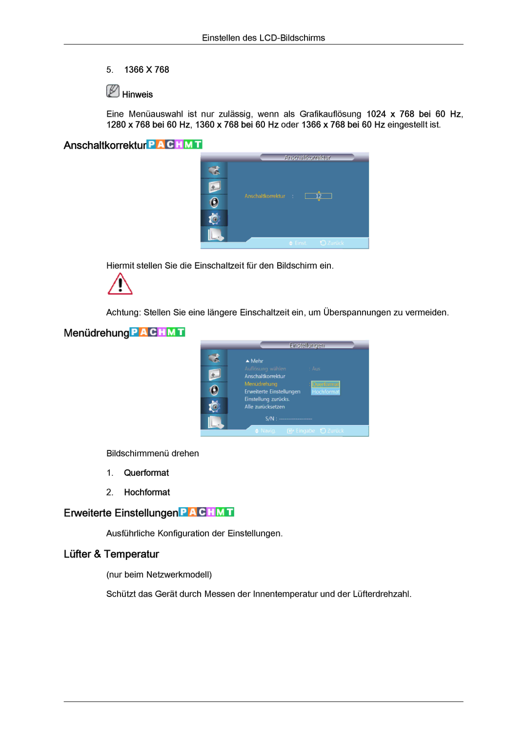 Samsung LH40CRPMBD/EN, LH46CRPMBD/EN manual Anschaltkorrektur, Menüdrehung, Erweiterte Einstellungen, Lüfter & Temperatur 