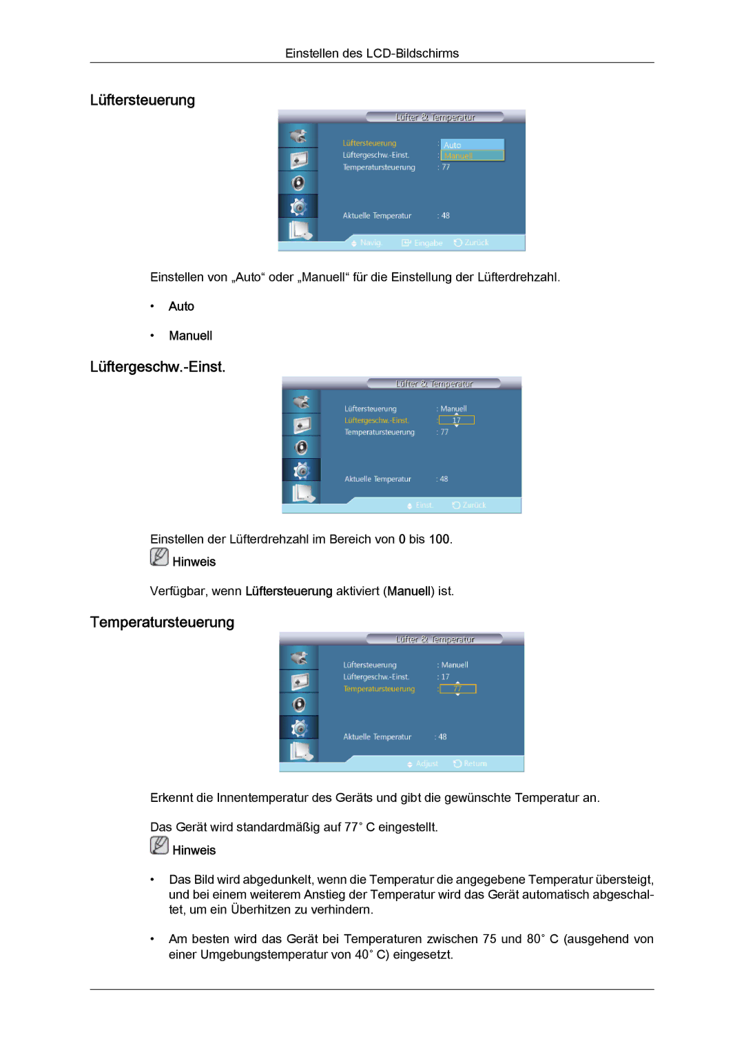 Samsung LH40CRPMBC/EN, LH46CRPMBD/EN, LH46CRPMBC/EN Lüftersteuerung, Lüftergeschw.-Einst, Temperatursteuerung, Auto Manuell 