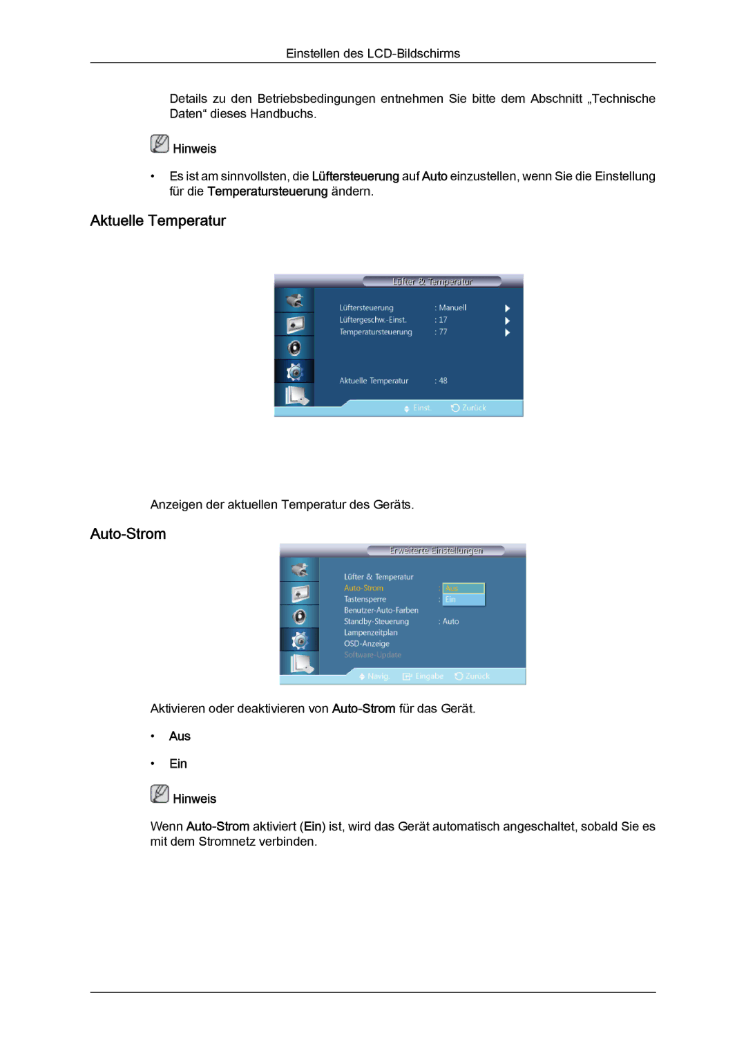 Samsung LH46CRPMBD/EN, LH46CRPMBC/EN, LH40CRPMBD/EN, LH40CRPMBC/EN manual Aktuelle Temperatur, Auto-Strom 