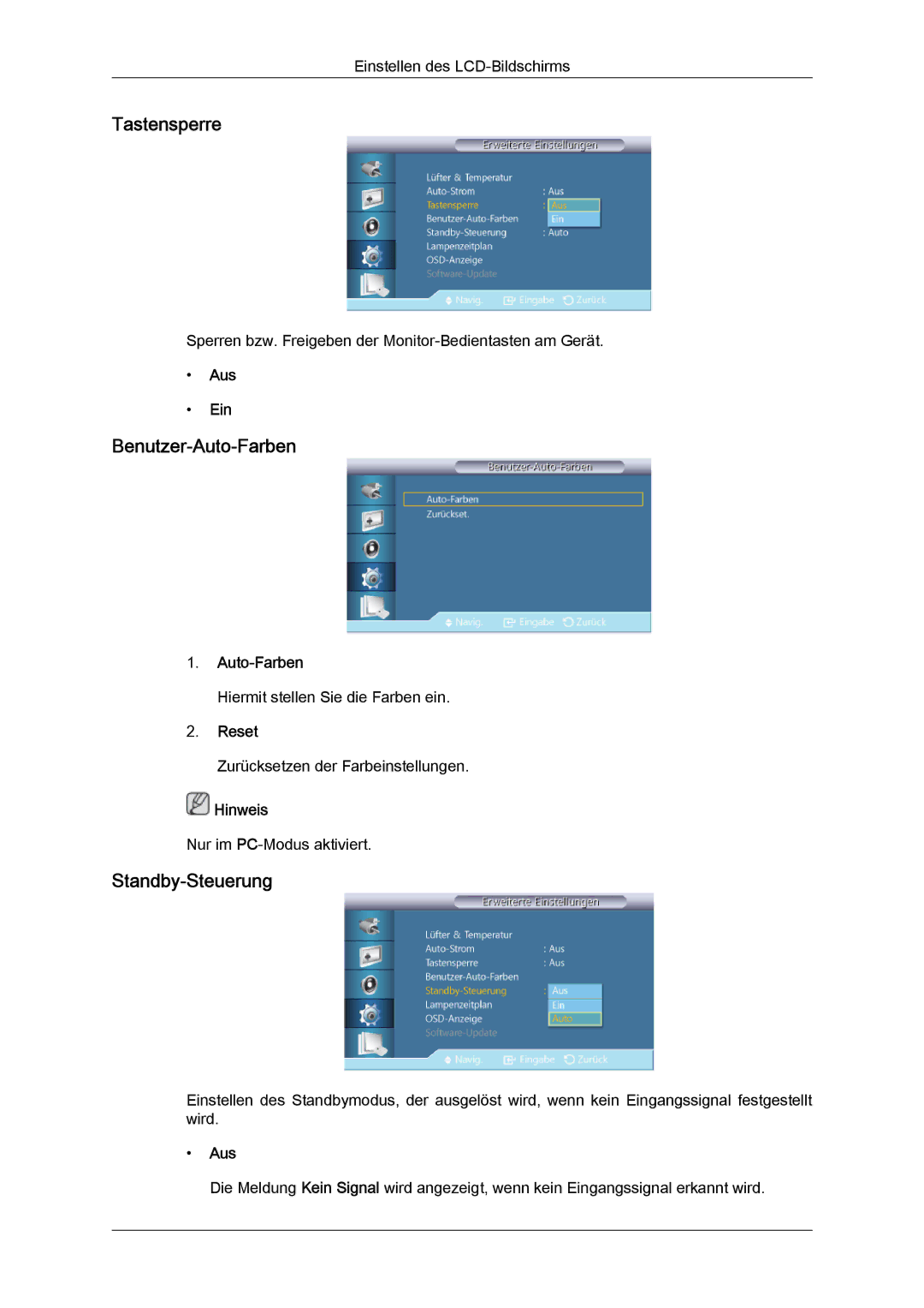 Samsung LH46CRPMBC/EN, LH46CRPMBD/EN, LH40CRPMBD/EN manual Tastensperre, Benutzer-Auto-Farben, Standby-Steuerung, Reset 