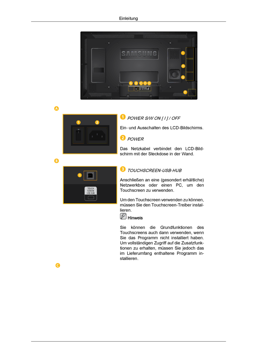 Samsung LH40CRPMBD/EN, LH46CRPMBD/EN, LH46CRPMBC/EN, LH40CRPMBC/EN manual Power S/W on I / OFF, Touchscreen-Usb-Hub 