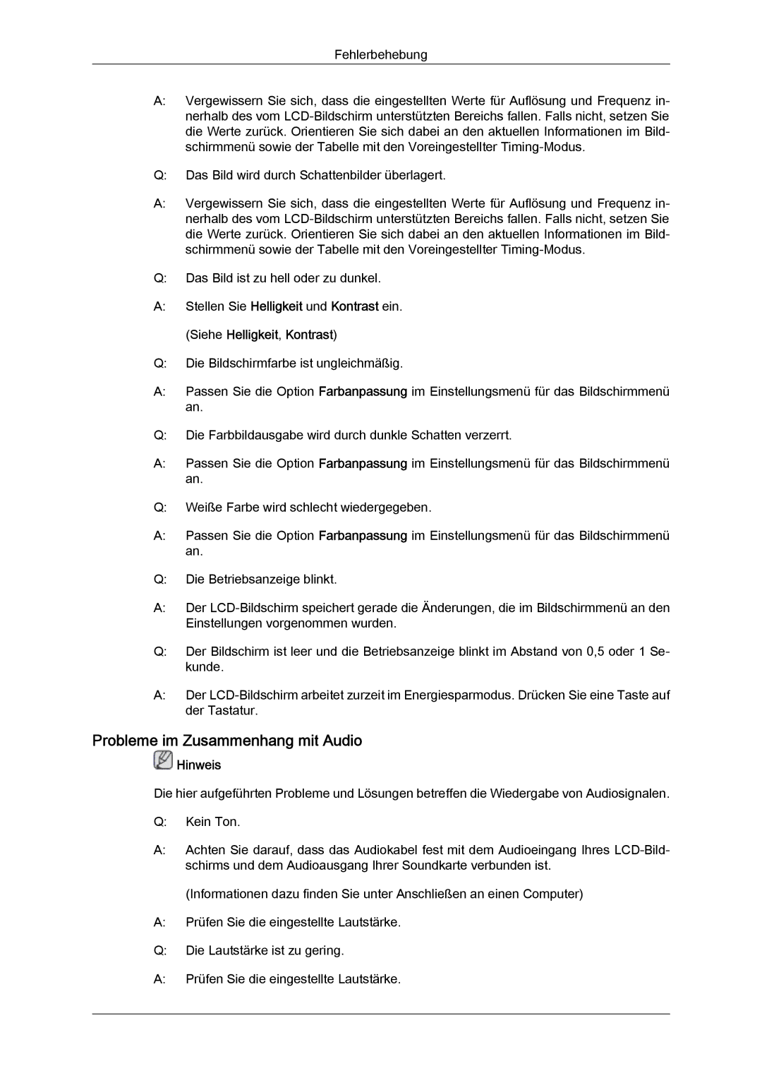 Samsung LH46CRPMBC/EN, LH46CRPMBD/EN, LH40CRPMBD/EN, LH40CRPMBC/EN manual Probleme im Zusammenhang mit Audio 