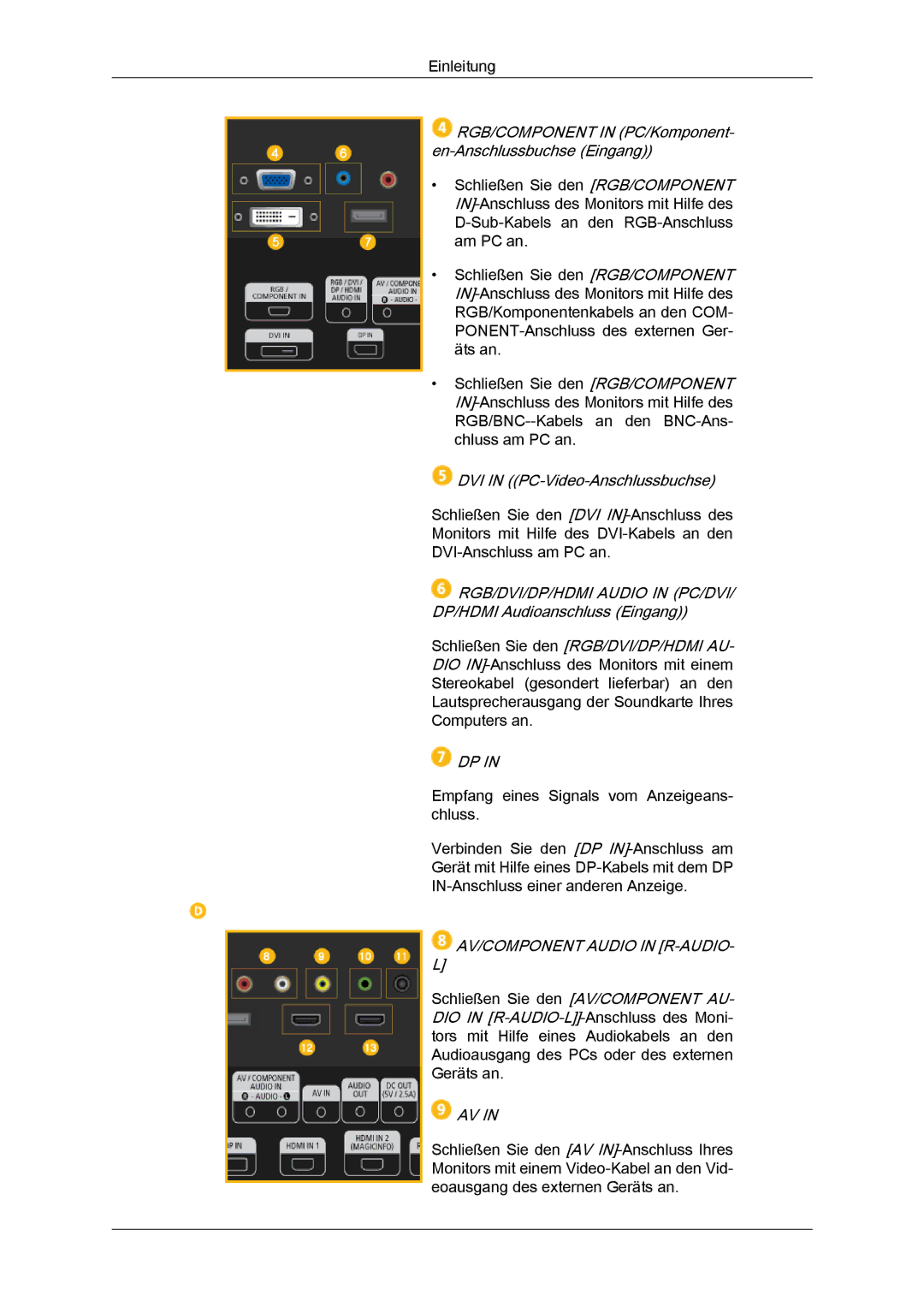 Samsung LH40CRPMBC/EN manual RGB/COMPONENT in PC/Komponent- en-Anschlussbuchse Eingang, DVI in PC-Video-Anschlussbuchse 