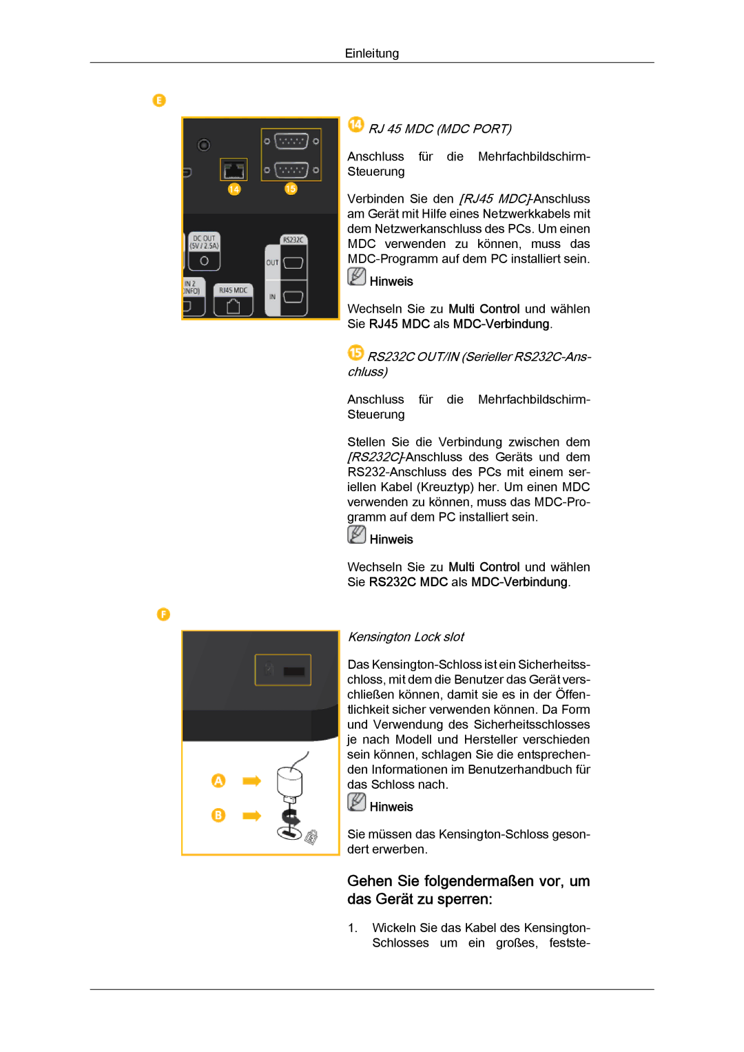 Samsung LH46CRPMBC/EN Gehen Sie folgendermaßen vor, um das Gerät zu sperren, RS232C OUT/IN Serieller RS232C-Ans- chluss 