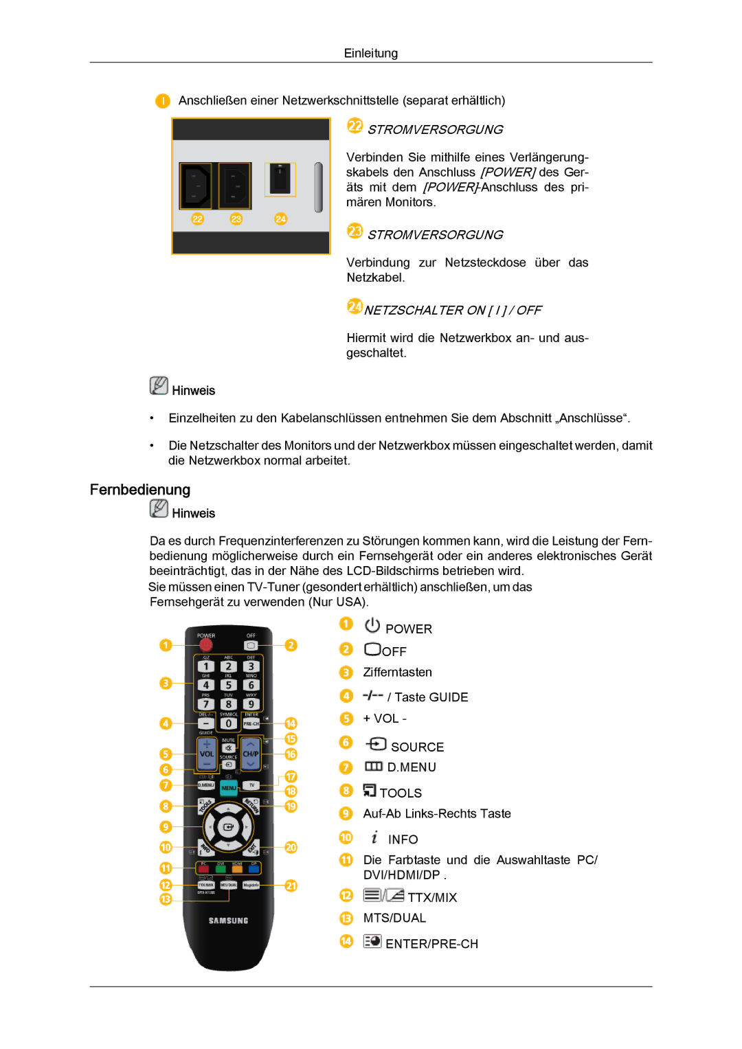 Samsung LH40CRPMBC/EN, LH46CRPMBD/EN, LH46CRPMBC/EN, LH40CRPMBD/EN manual Fernbedienung, Stromversorgung 