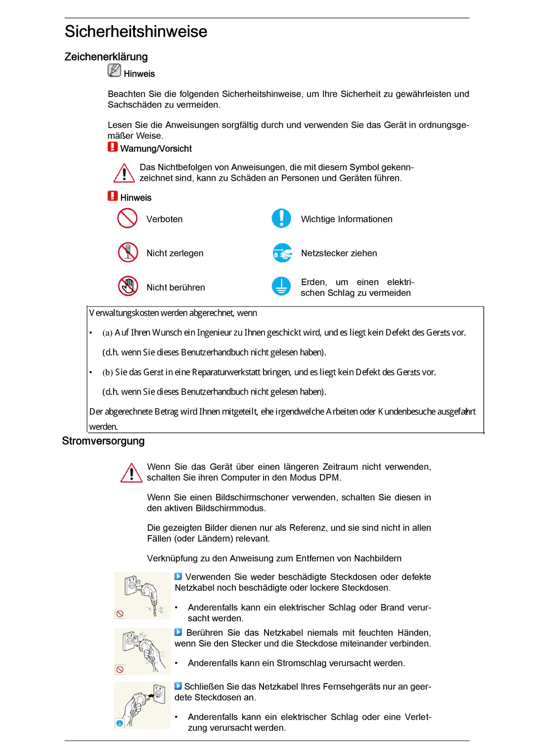 Samsung LH40CRPMBD/EN, LH46CRPMBD/EN, LH46CRPMBC/EN manual Zeichenerklärung, Stromversorgung, Hinweis, Warnung/Vorsicht 