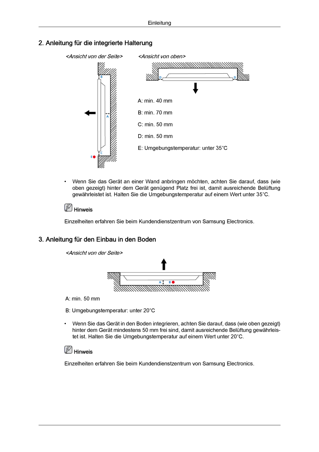 Samsung LH46CRPMBD/EN, LH46CRPMBC/EN manual Anleitung für die integrierte Halterung, Anleitung für den Einbau in den Boden 