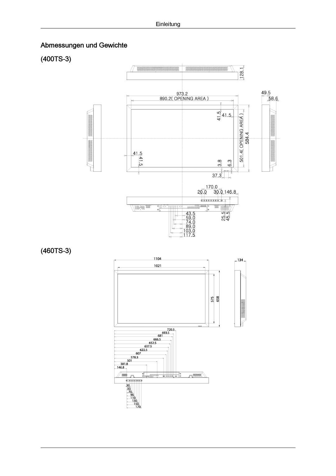 Samsung LH46CRPMBC/EN, LH46CRPMBD/EN, LH40CRPMBD/EN, LH40CRPMBC/EN manual Abmessungen und Gewichte 400TS-3 460TS-3 