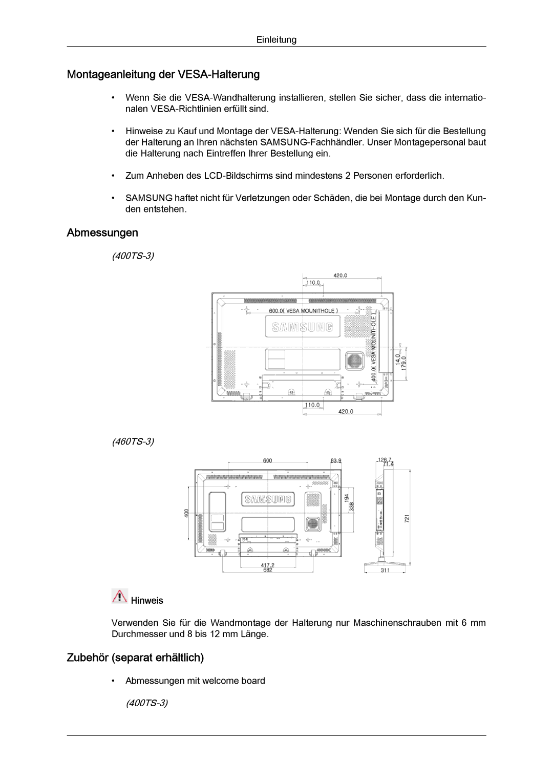 Samsung LH40CRPMBD/EN manual Montageanleitung der VESA-Halterung, Abmessungen, Zubehör separat erhältlich, 400TS-3 460TS-3 