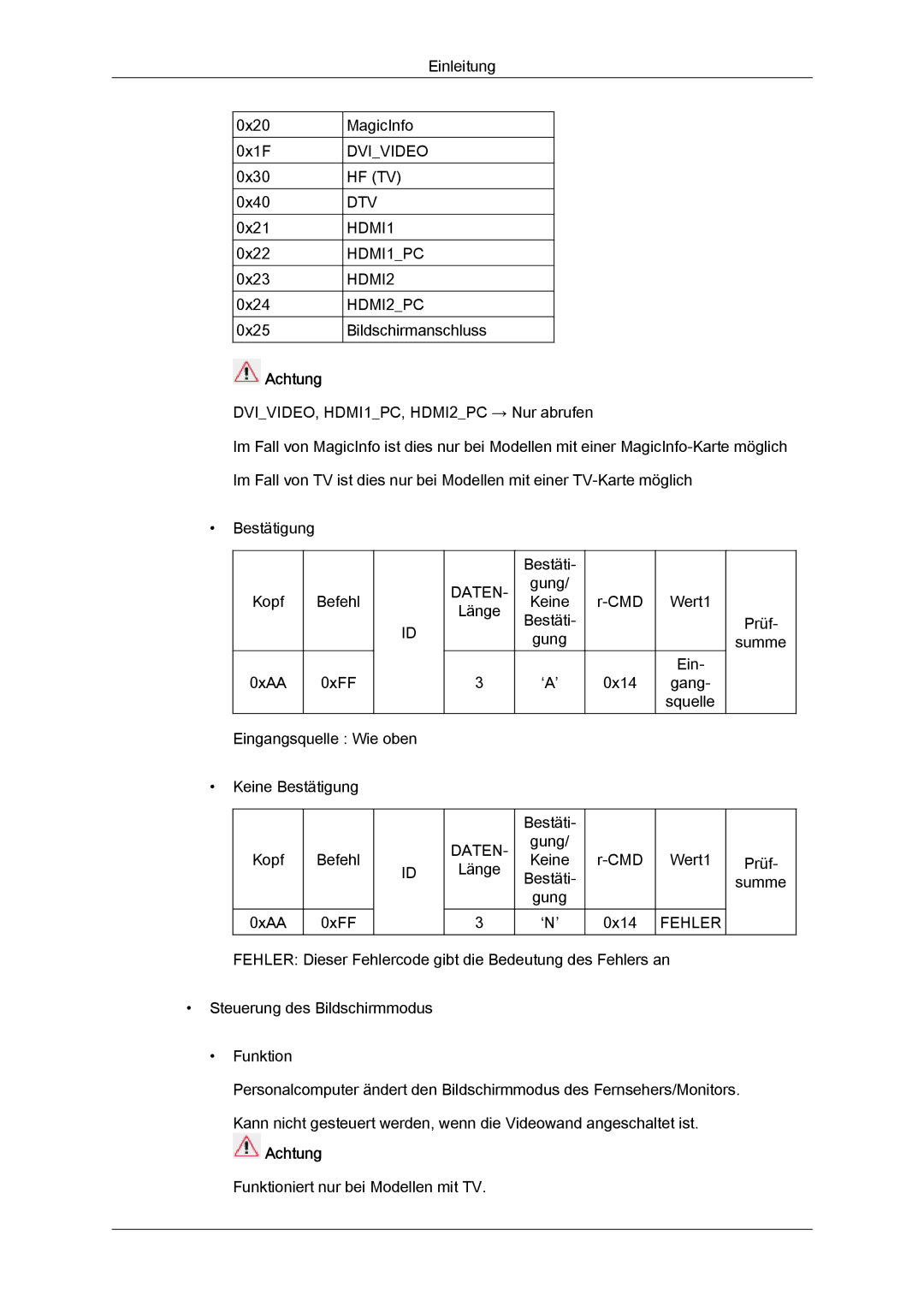 Samsung LH46CRPMBD/EN, LH46CRPMBC/EN, LH40CRPMBD/EN, LH40CRPMBC/EN manual Achtung 