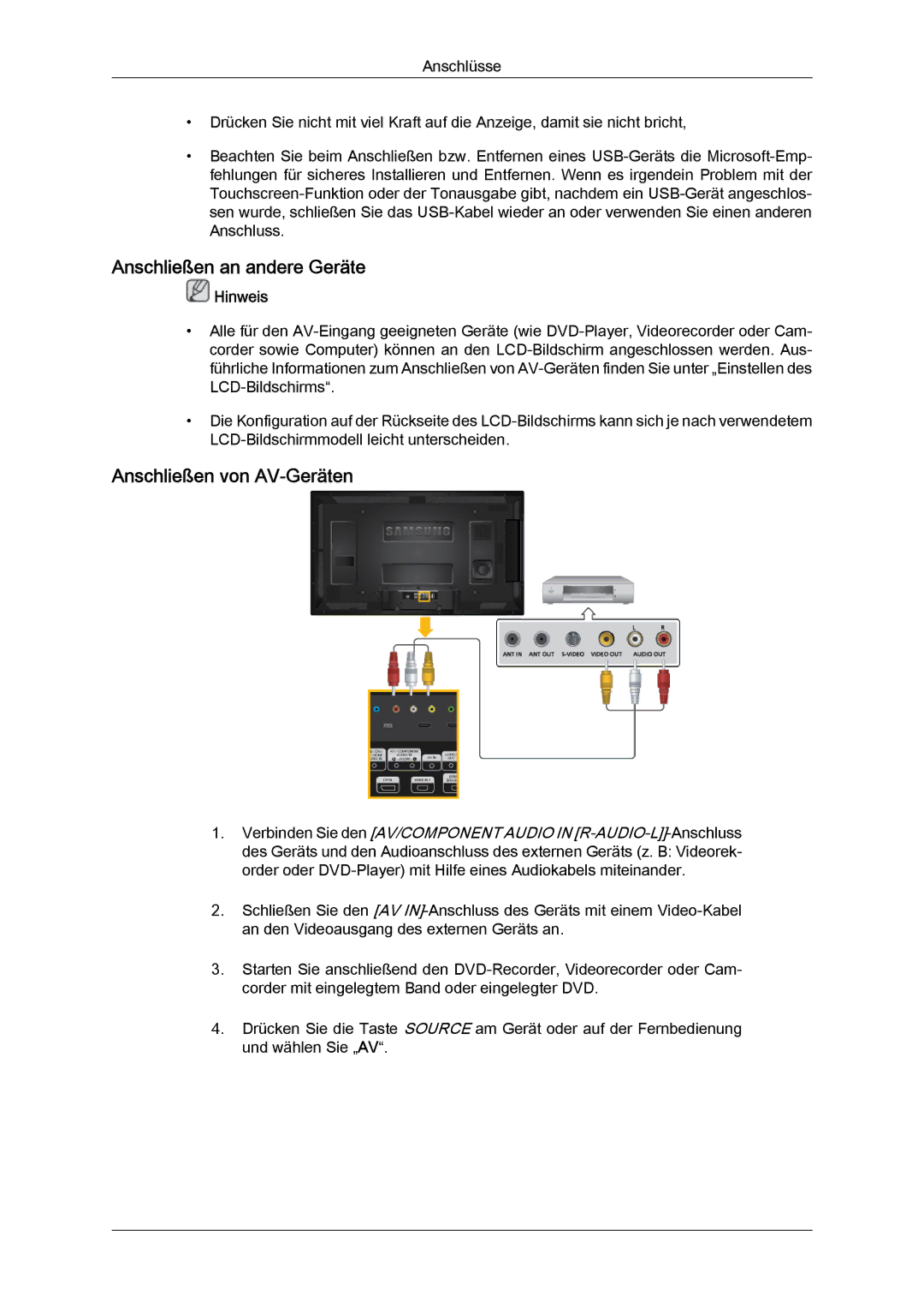 Samsung LH40CRPMBC/EN, LH46CRPMBD/EN, LH46CRPMBC/EN, LH40CRPMBD/EN Anschließen an andere Geräte, Anschließen von AV-Geräten 