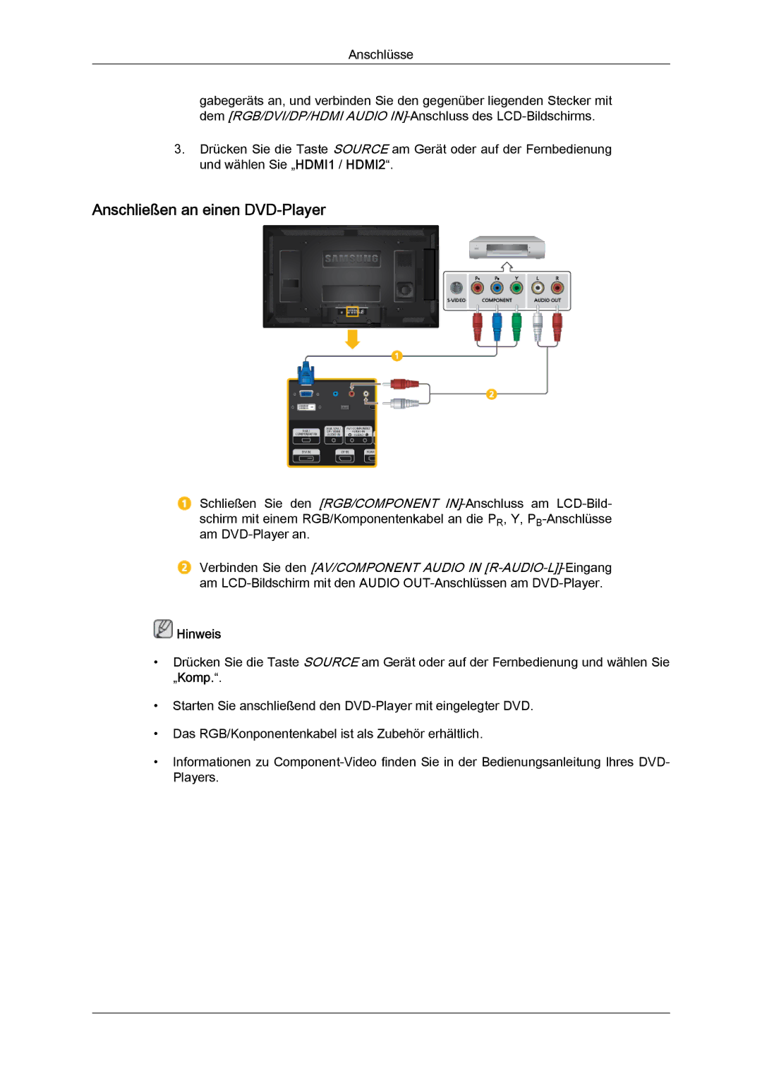 Samsung LH40CRPMBD/EN, LH46CRPMBD/EN, LH46CRPMBC/EN, LH40CRPMBC/EN manual Anschließen an einen DVD-Player 