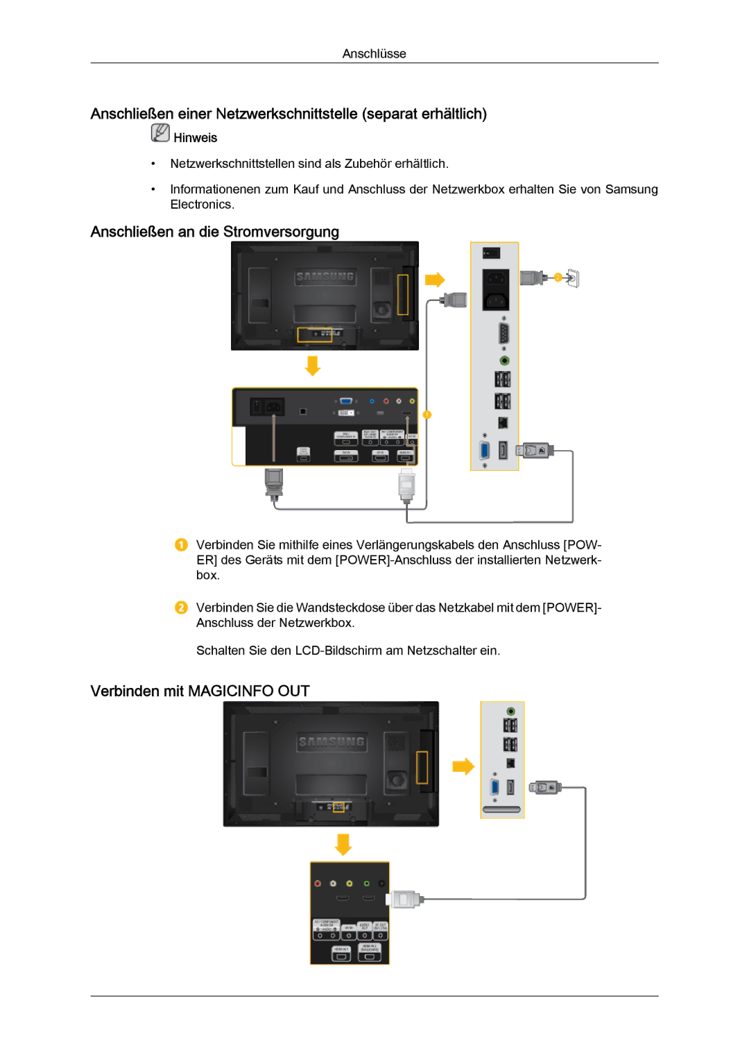 Samsung LH46CRPMBD/EN manual Anschließen einer Netzwerkschnittstelle separat erhältlich, Anschließen an die Stromversorgung 