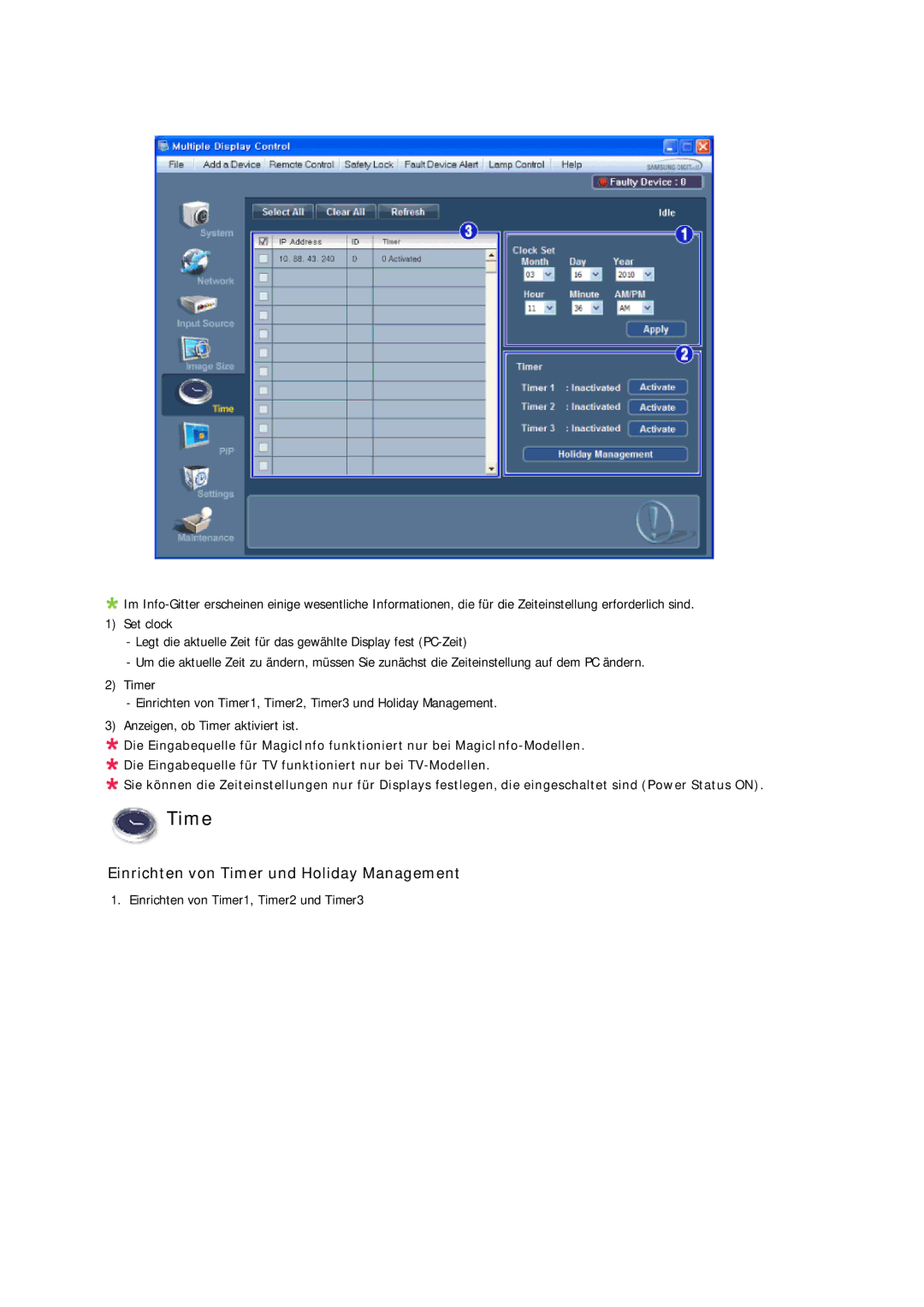 Samsung LH46CRPMBC/EN, LH46CRPMBD/EN, LH40CRPMBD/EN, LH40CRPMBC/EN manual Einrichten von Timer und Holiday Management 