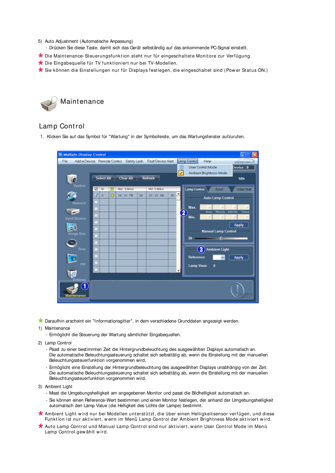 Samsung LH40CRPMBD/EN, LH46CRPMBD/EN, LH46CRPMBC/EN, LH40CRPMBC/EN manual Maintenance Lamp Control 