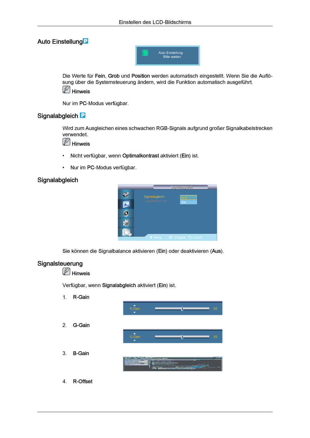 Samsung LH46CRPMBD/EN, LH46CRPMBC/EN, LH40CRPMBD/EN manual Auto Einstellung, Signalabgleich, Signalsteuerung, Gain Offset 