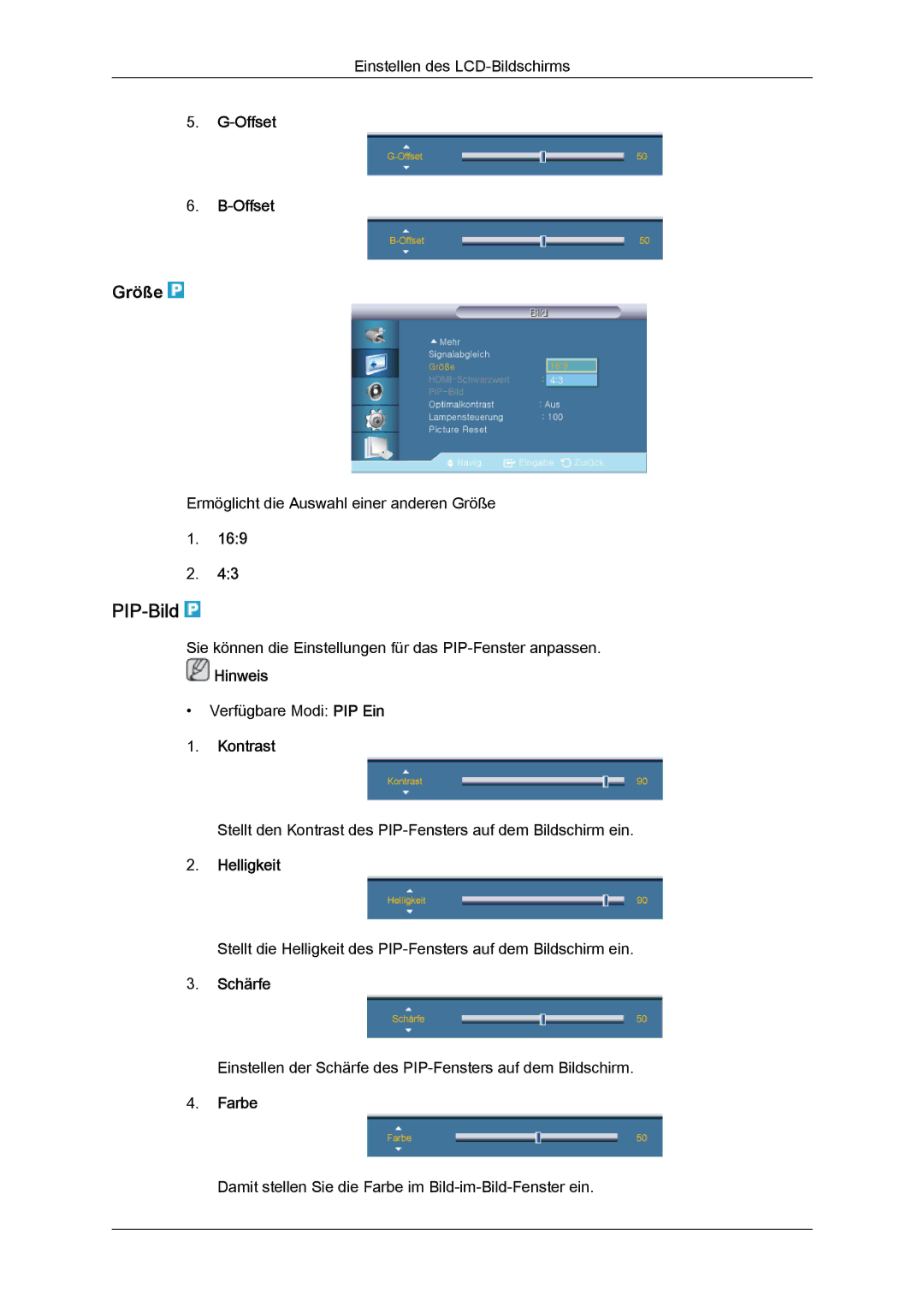 Samsung LH46CRPMBC/EN, LH46CRPMBD/EN, LH40CRPMBD/EN, LH40CRPMBC/EN manual PIP-Bild, Farbe 