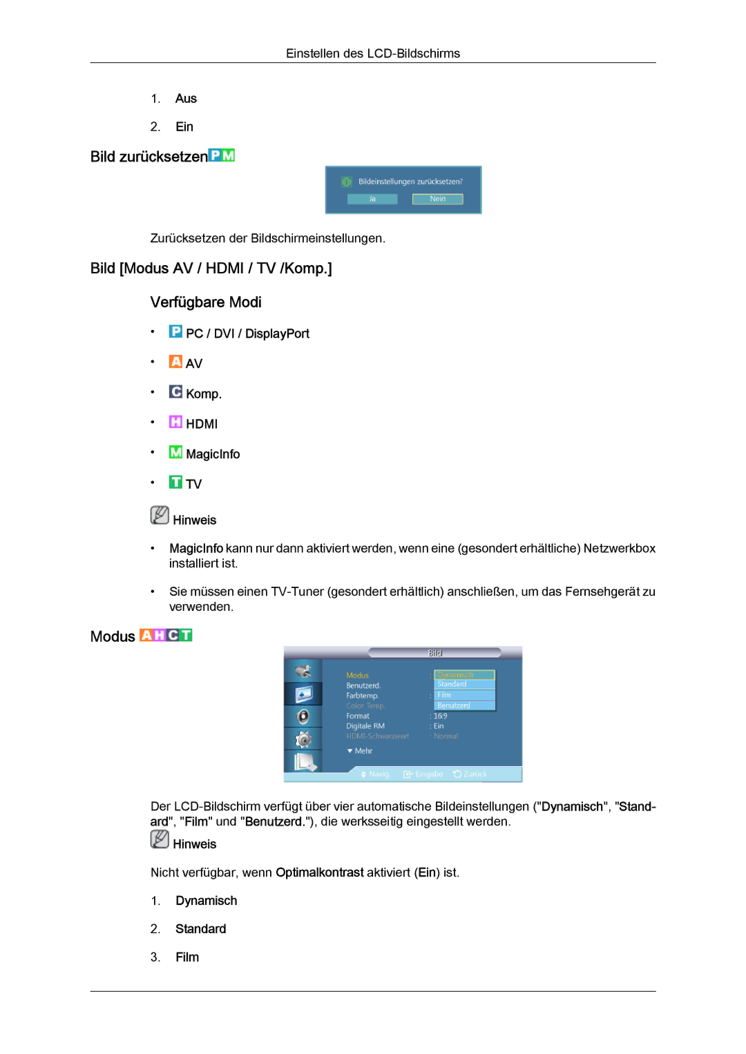 Samsung LH40CRPMBC/EN manual Bild zurücksetzen, Bild Modus AV / Hdmi / TV /Komp Verfügbare Modi, Dynamisch Standard Film 