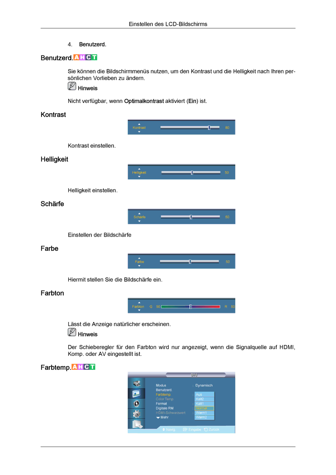 Samsung LH46CRPMBD/EN, LH46CRPMBC/EN, LH40CRPMBD/EN, LH40CRPMBC/EN manual Kontrast, Helligkeit, Schärfe, Farbe, Farbton 