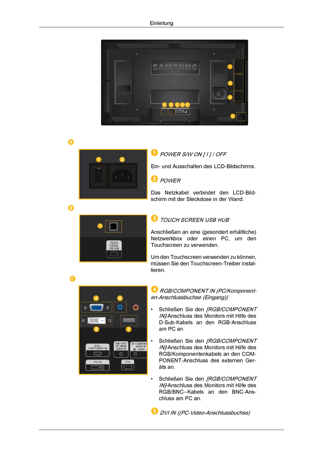 Samsung LH40CRPMBD/EN, LH46CRPMBD/EN manual Power S/W on I / OFF, RGB/COMPONENT in PC/Komponent- en-Anschlussbuchse Eingang 