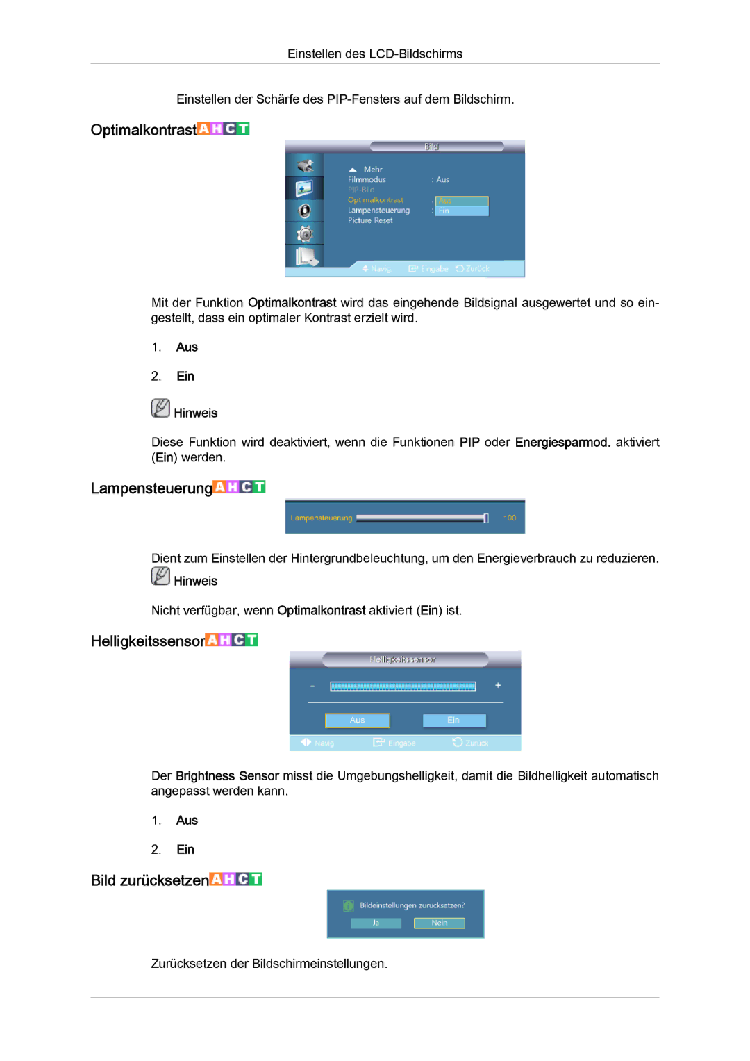 Samsung LH46CRPMBD/EN, LH46CRPMBC/EN, LH40CRPMBD/EN, LH40CRPMBC/EN manual Optimalkontrast 