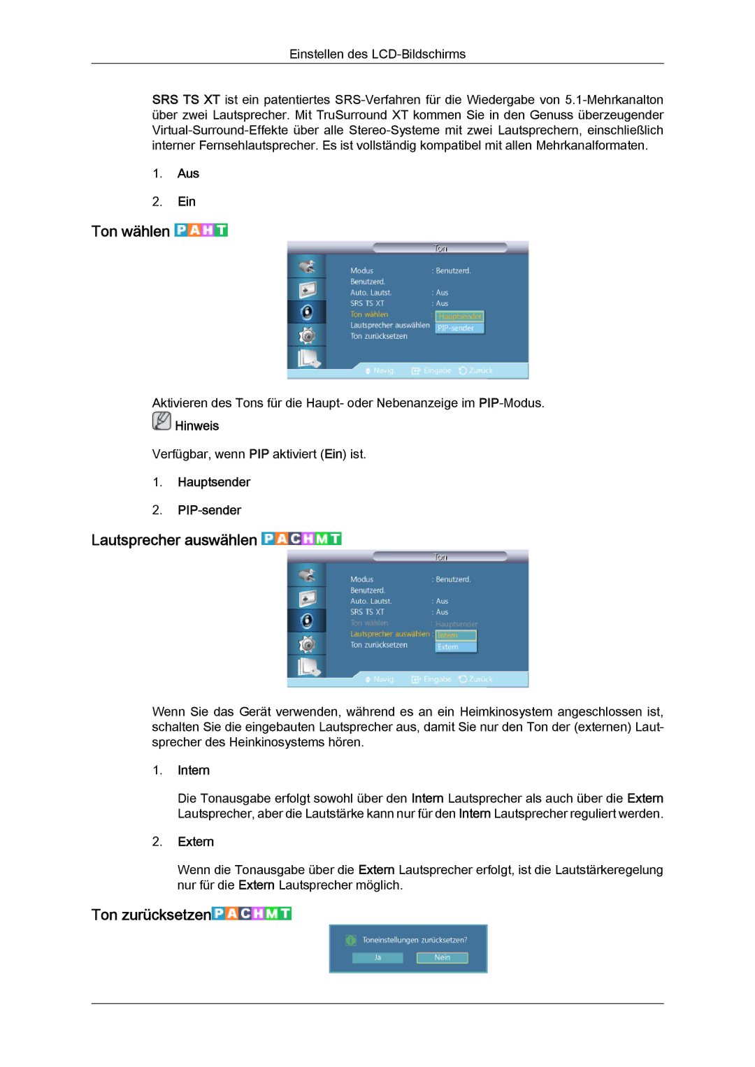 Samsung LH40CRPMBC/EN, LH46CRPMBD/EN, LH46CRPMBC/EN, LH40CRPMBD/EN manual Ton wählen, Lautsprecher auswählen, Ton zurücksetzen 