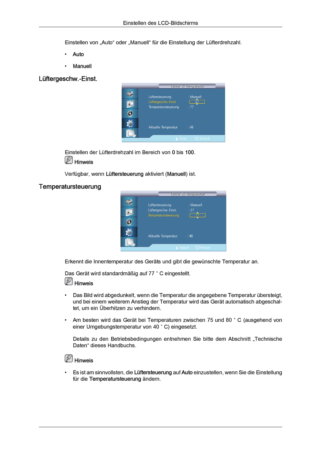 Samsung LH40CRPMBC/EN, LH46CRPMBD/EN, LH46CRPMBC/EN, LH40CRPMBD/EN Lüftergeschw.-Einst, Temperatursteuerung, Auto Manuell 