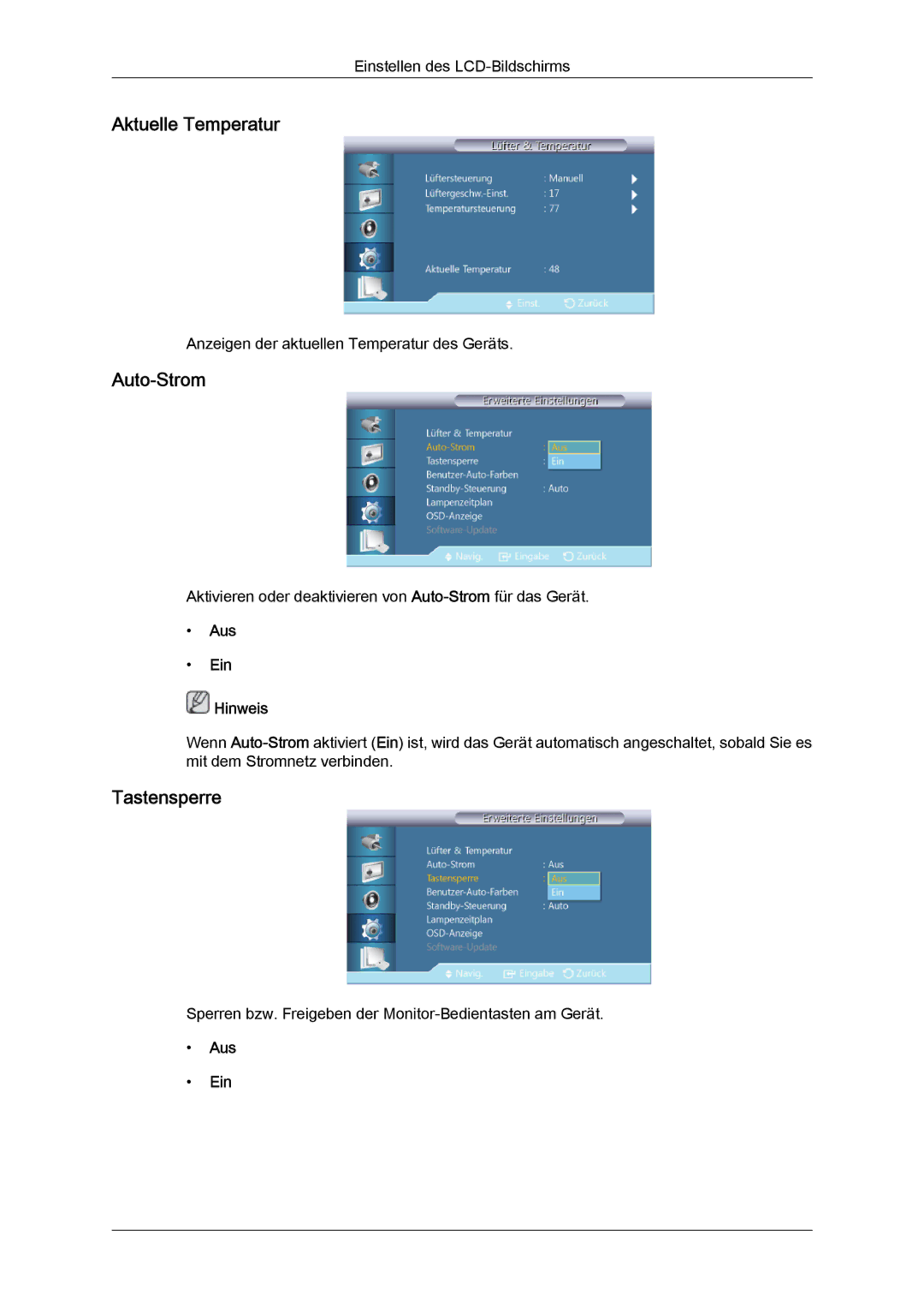 Samsung LH46CRPMBD/EN, LH46CRPMBC/EN, LH40CRPMBD/EN, LH40CRPMBC/EN manual Aktuelle Temperatur, Auto-Strom, Tastensperre 