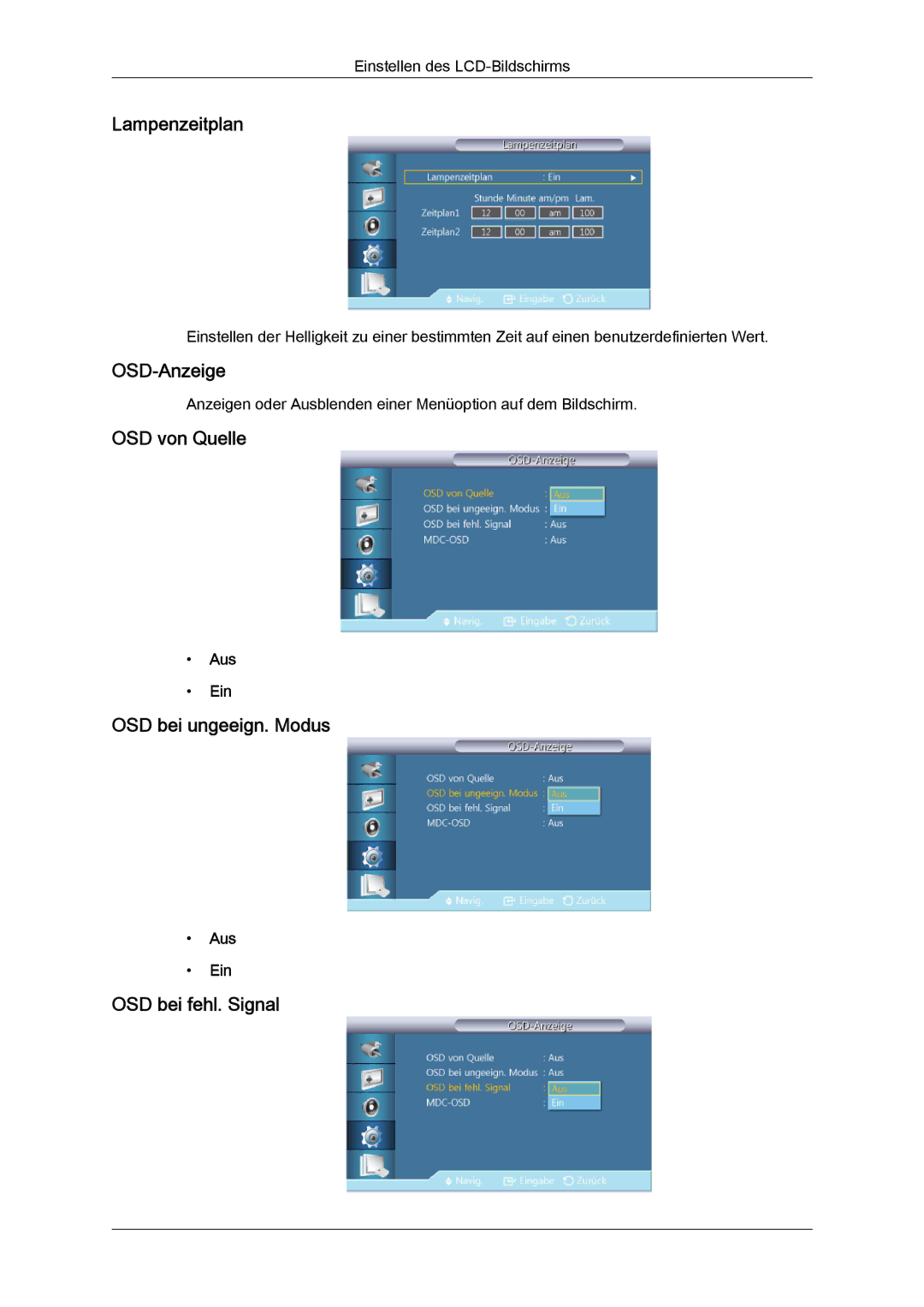 Samsung LH40CRPMBD/EN manual Lampenzeitplan, OSD-Anzeige, OSD von Quelle, OSD bei ungeeign. Modus, OSD bei fehl. Signal 